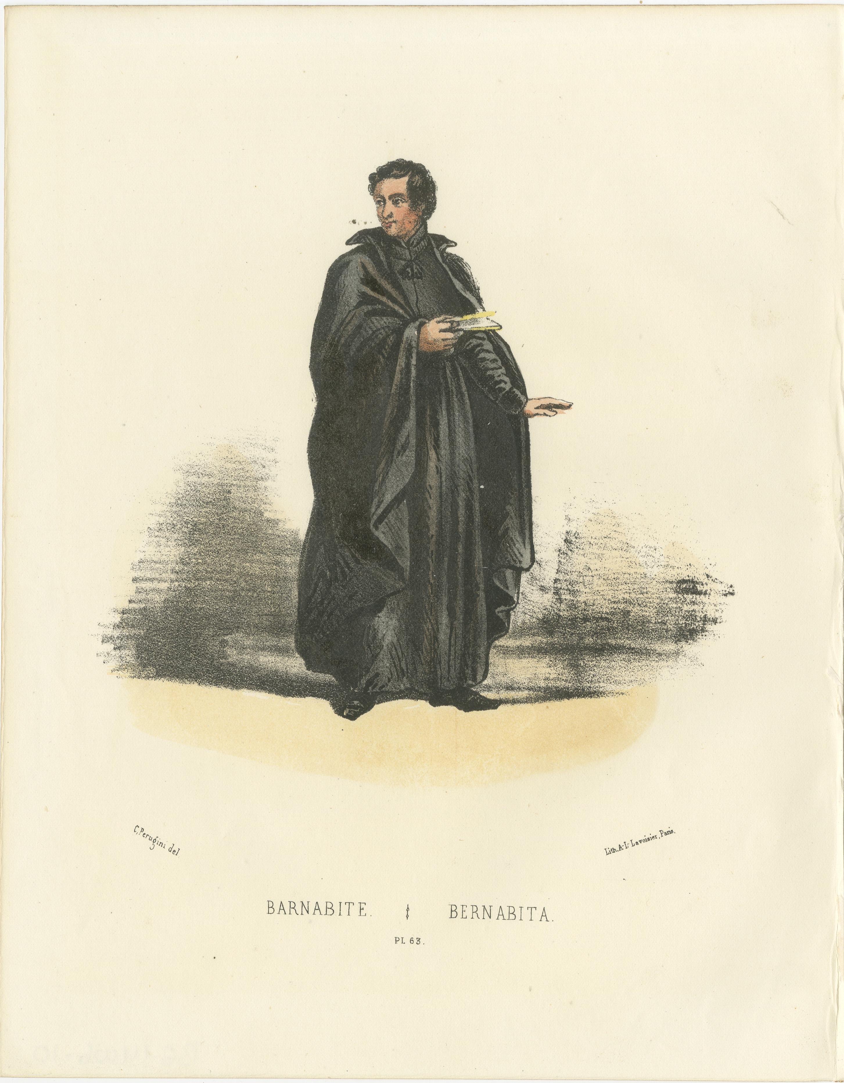 Barnabita - Litografía coloreada a mano de 1862 de un monje barnabita  
  
Esta litografía coloreada a mano de 1862 muestra a un monje barnabita, miembro de los Clérigos Regulares de San Pablo, también conocidos como barnabitas. La figura está