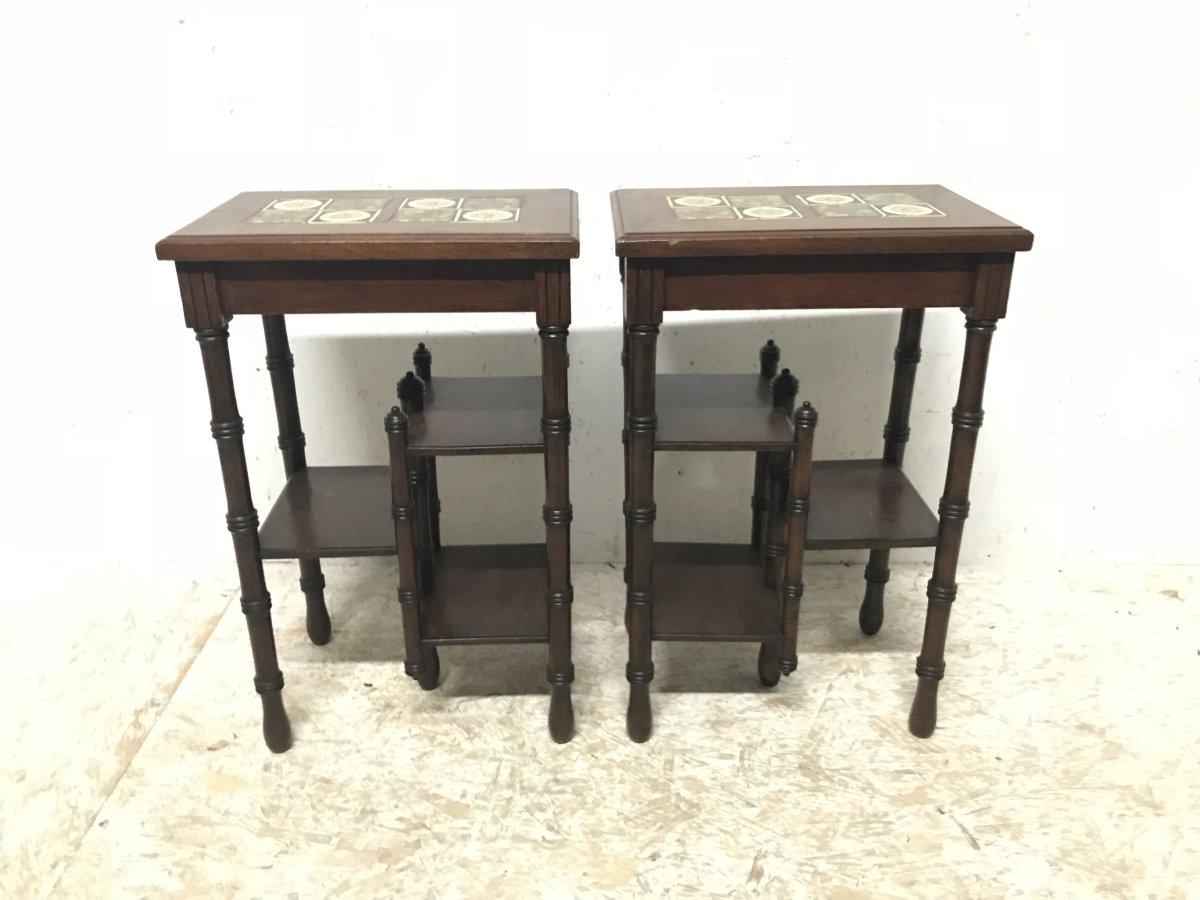 Thomas Jeckyll. A Pair of Anglo Japanese Side Tables inset with Sunflower Tiles. For Sale 2