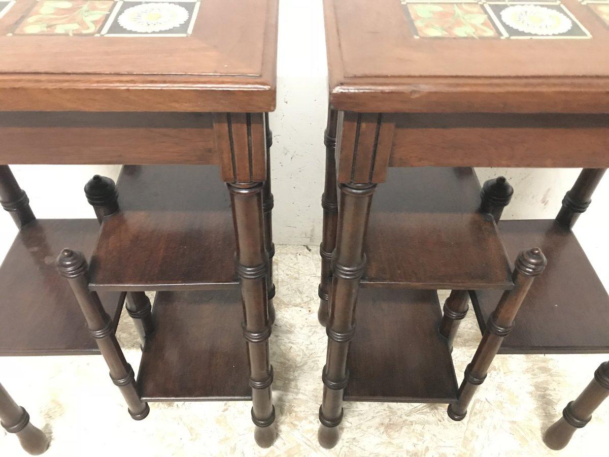 Fired Thomas Jeckyll. A Pair of Anglo Japanese Side Tables inset with Sunflower Tiles. For Sale