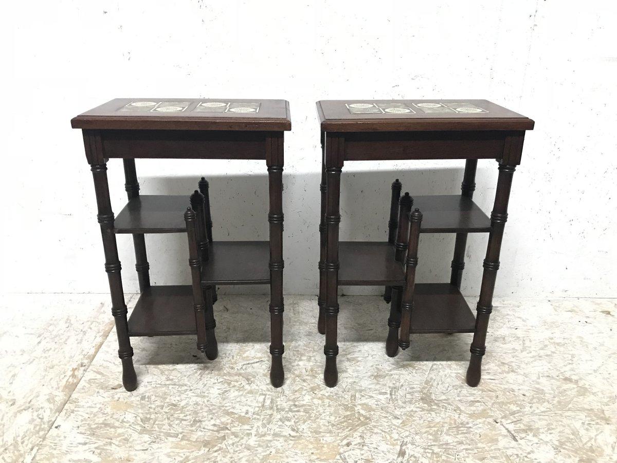 Thomas Jeckyll. A Pair of Anglo Japanese Side Tables inset with Sunflower Tiles. In Good Condition For Sale In London, GB