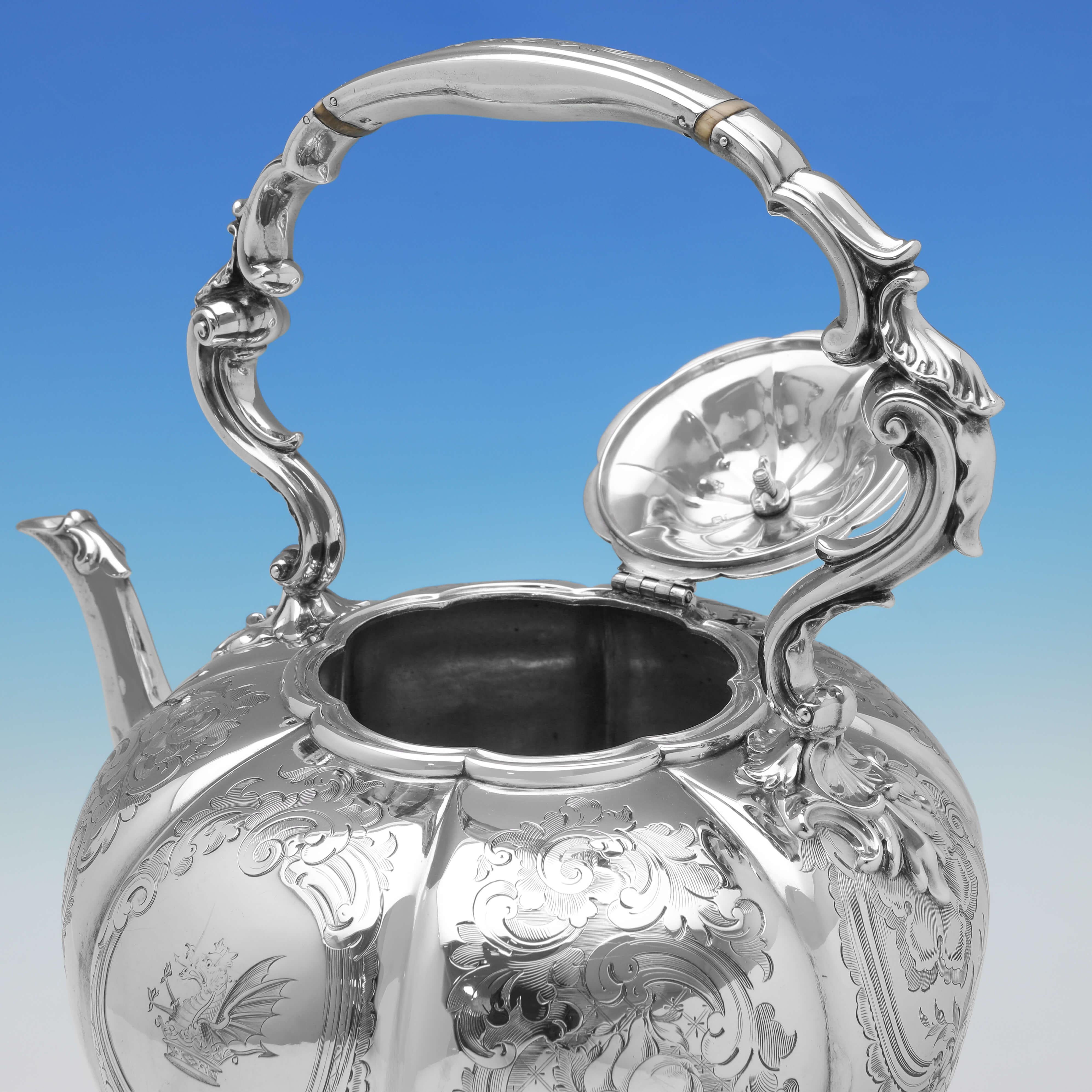 Mid-19th Century Barnards, Victorian Antique Sterling Silver Kettle, London, 1855 For Sale