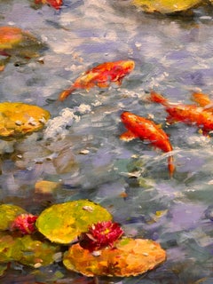 Estanque de carpas koi: pintura paisajística impresionista, contemporánea