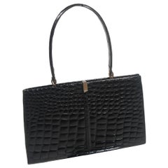 Barnes Shoe Salon Black Crocodile Top Handle French Purse with Gold Hardware