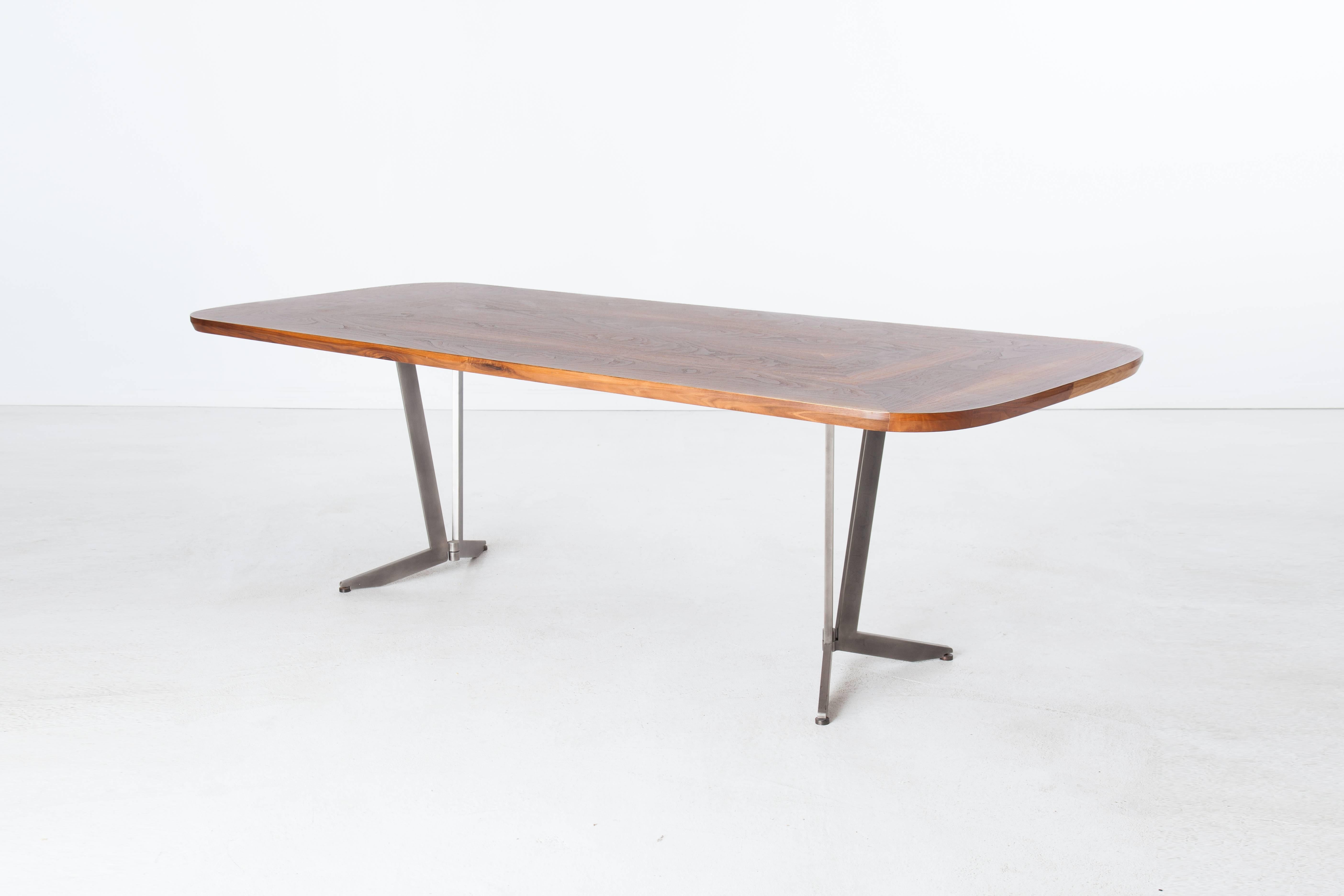Modern Barnet Dining Table, American Hardwood and Steel For Sale