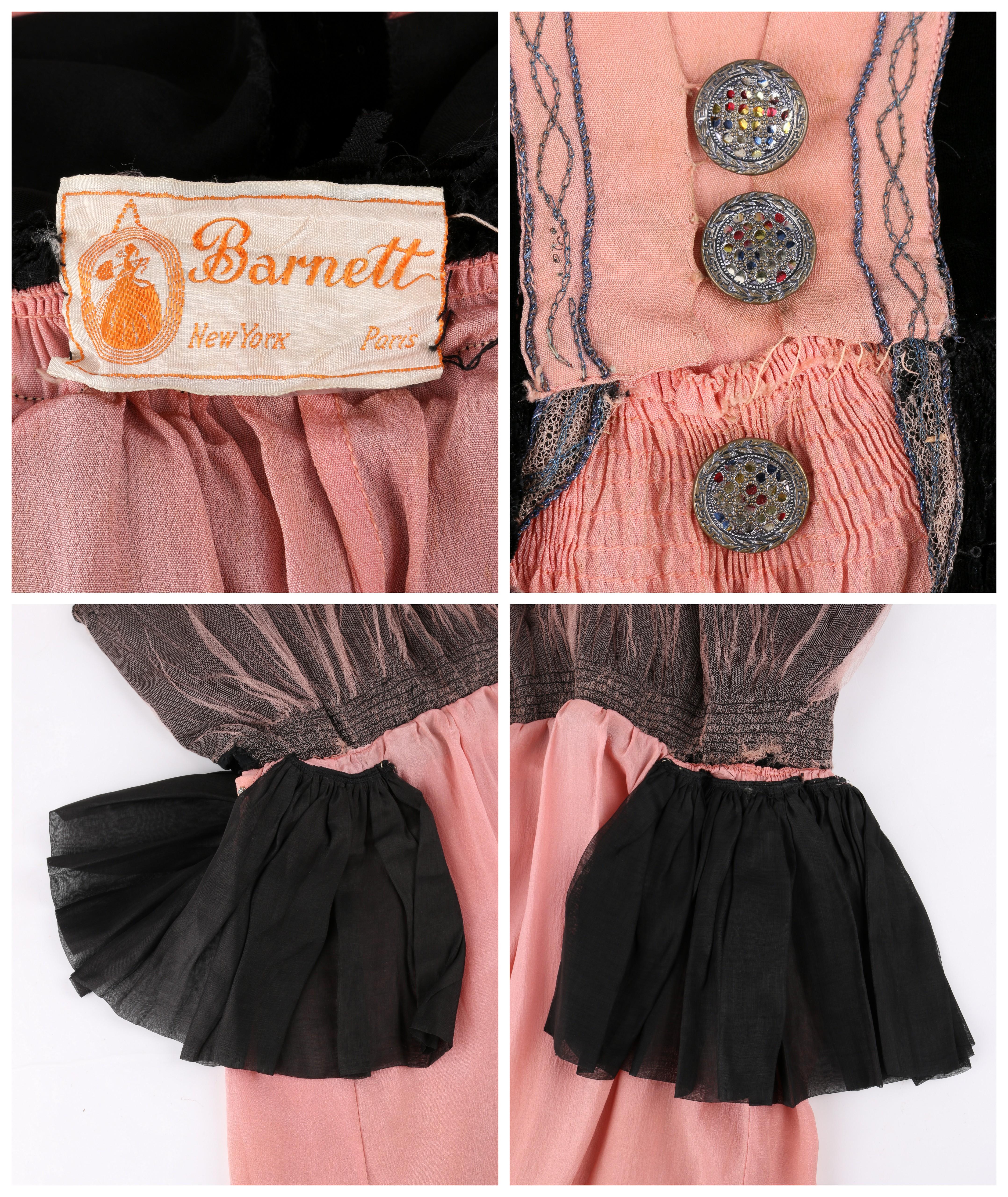 BARNETT c.1910's Rosa & Schwarzes ärmelloses Schößchen-Abendkleid aus Seidensamt  im Angebot 3