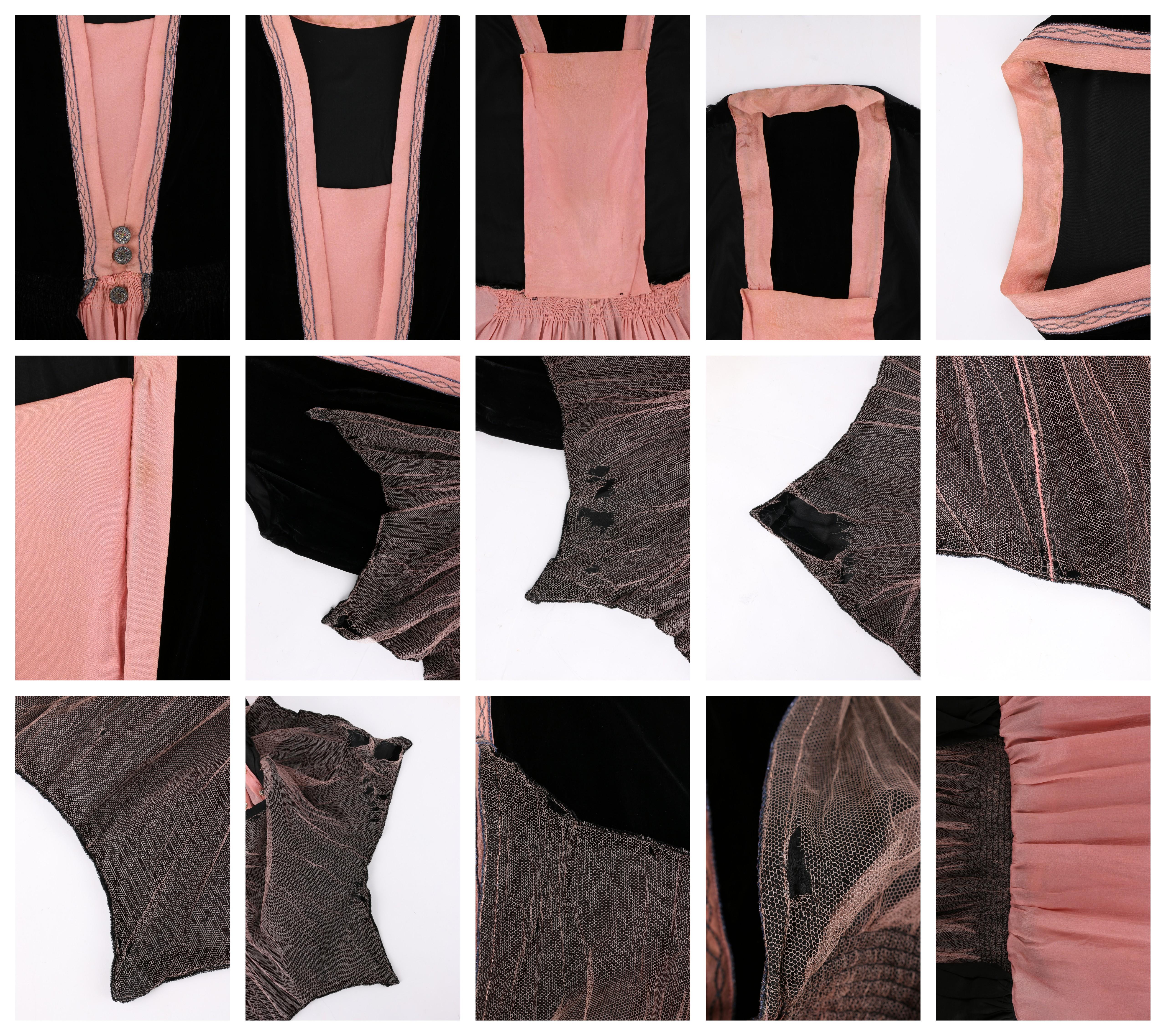 BARNETT c.1910's Rose Pink & Black Silk Velvet Sleeveless Peplum Evening Dress  For Sale 4