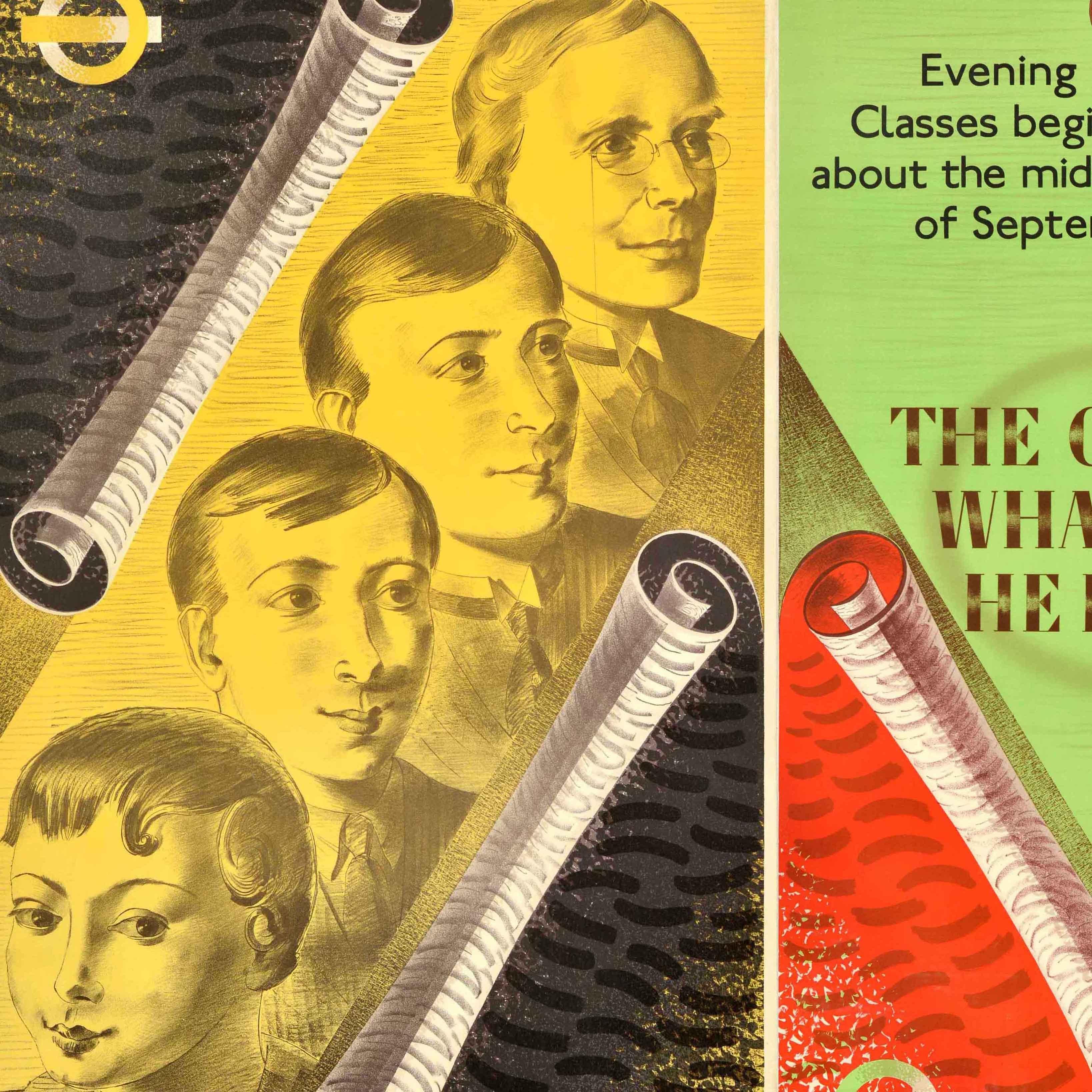 Poster originale d'epoca dei trasporti londinesi - The Child; Cosa diventerà? I corsi serali iniziano verso la metà di settembre, chiedi al tuo direttore didattico locale tutti i dettagli - con le colorate opere d'arte dell'artista e illustratore