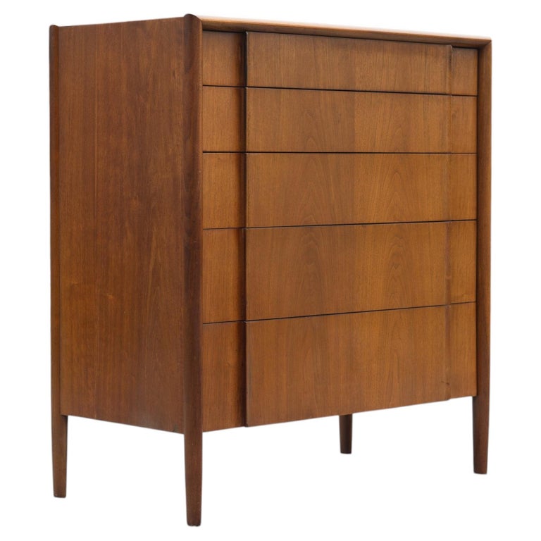 Barney Flagg for Drexel Parallel Carved Walnut 5-Drawer Tall Dresser or Chest
