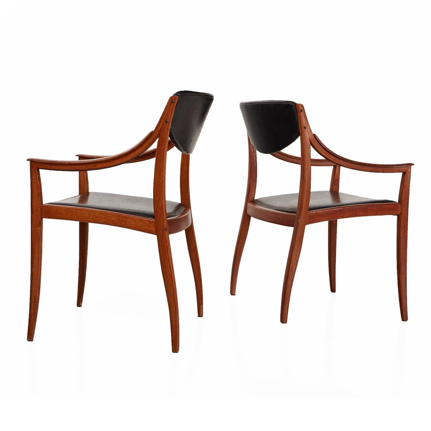 Sex of (six) Drexel parallel dining chairs. Uncommon bentwood design. Excellent condition vinyl upholstery. Group consists of four armless side chairs and two chairs with arms. Note the gentle sloping swag contour in the arms. Minimalistic, yet
