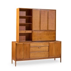 Barney Flagg for Drexel Parallel Mid Century Walnut and Cane Credenza and Hutch