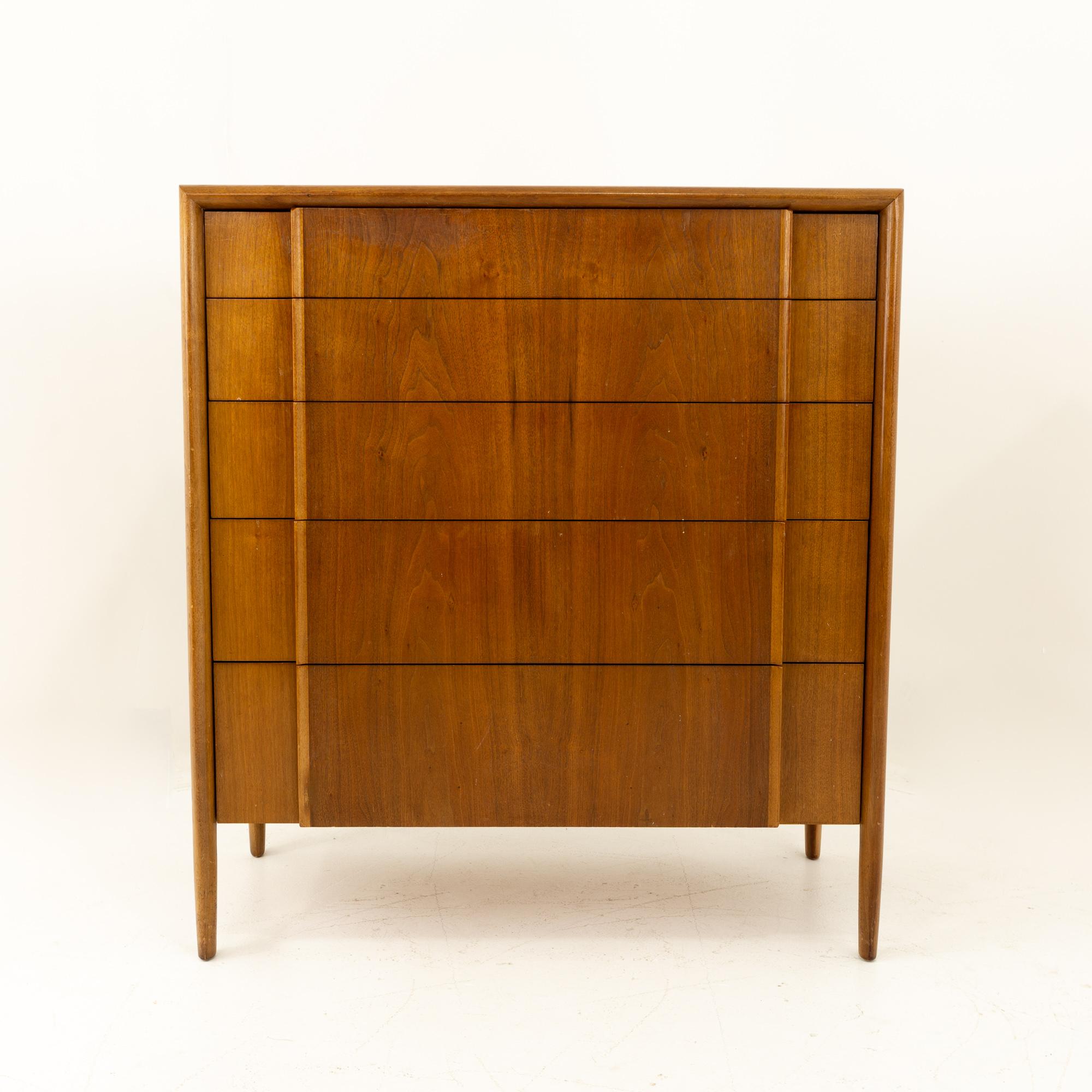 Barney Flagg for Drexel Parallel Mid Century walnut 5-drawer highboy dresser
This dresser is 39 wide and 20.5 deep by 42 inches high

All pieces of furniture can be had in what we call restored vintage condition. That means the piece is restored