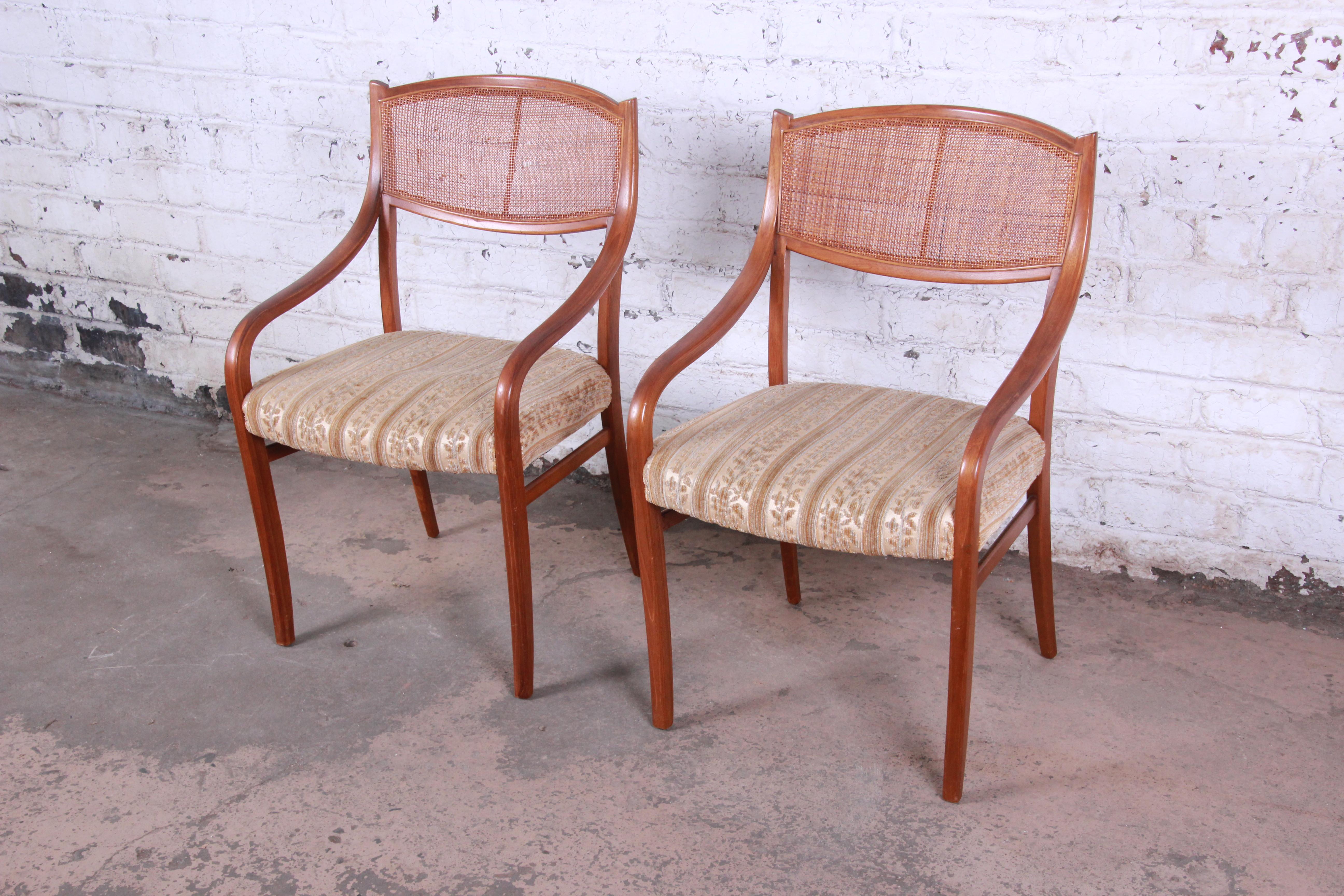 Mid-Century Modern Barney Flagg for Drexel Parallel Walnut and Cane Armchairs, Pair