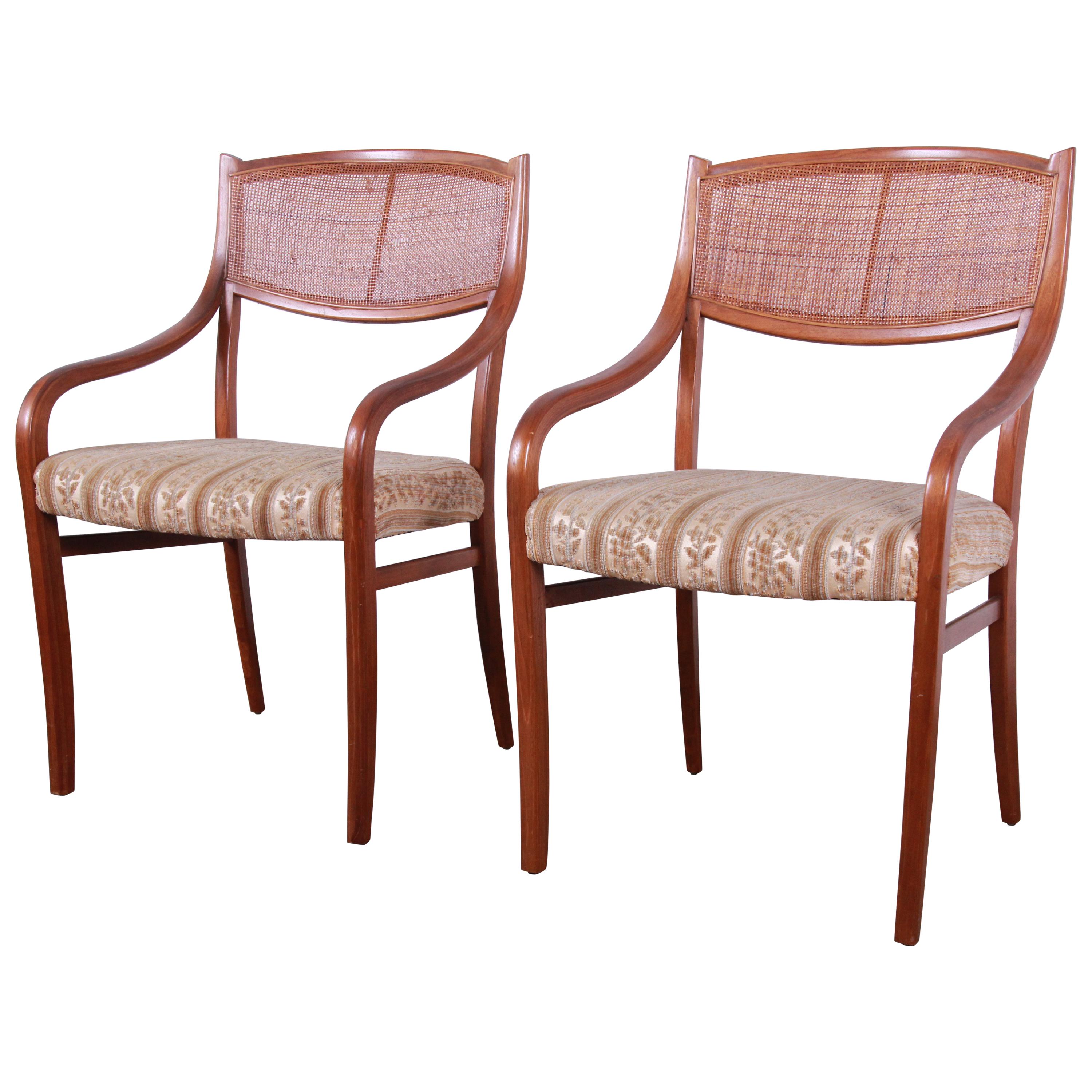 Barney Flagg for Drexel Parallel Walnut and Cane Armchairs, Pair