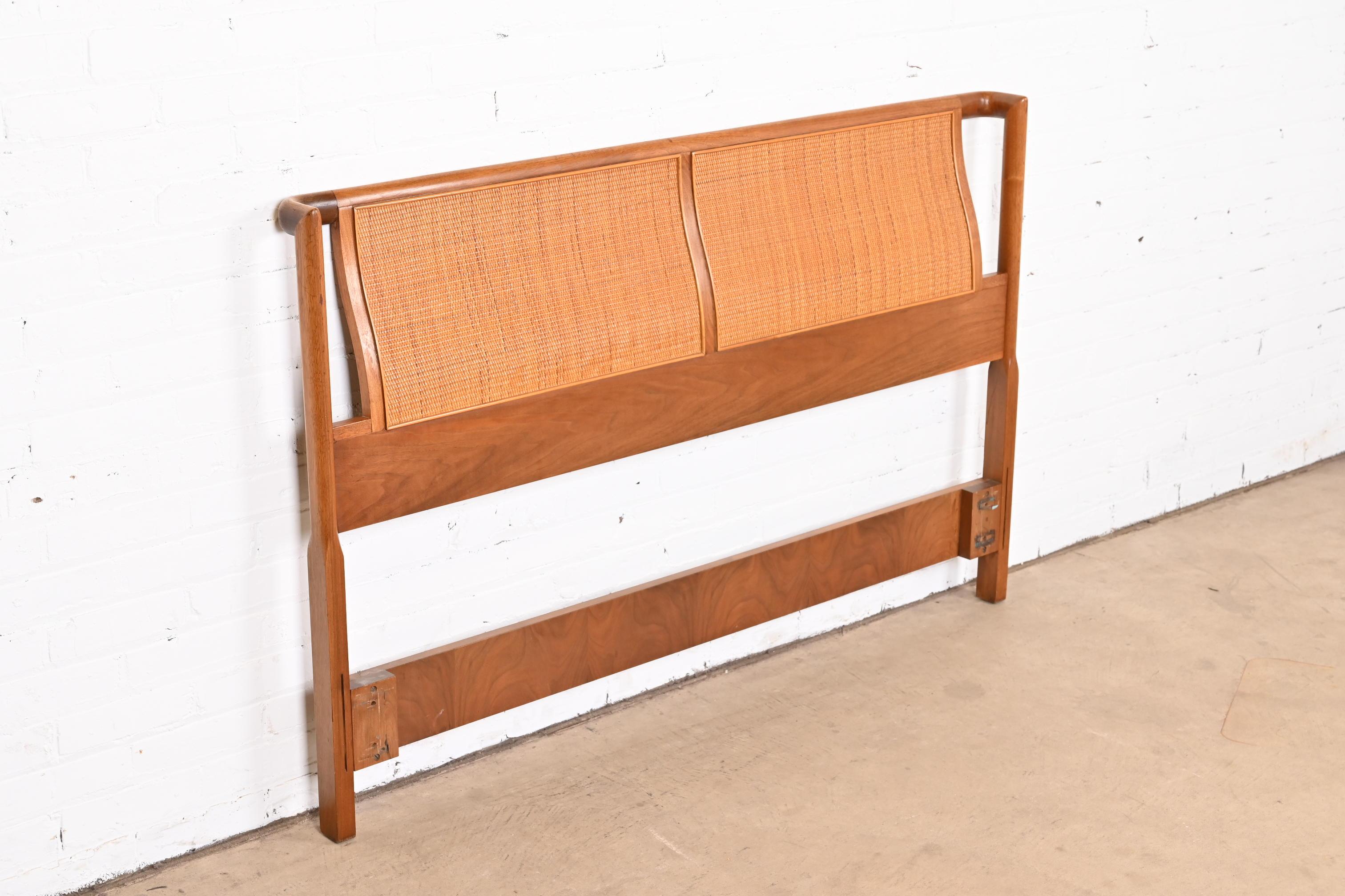 Mid-Century Modern Barney Flagg for Drexel Parallel Walnut and Cane Full Size Headboard For Sale