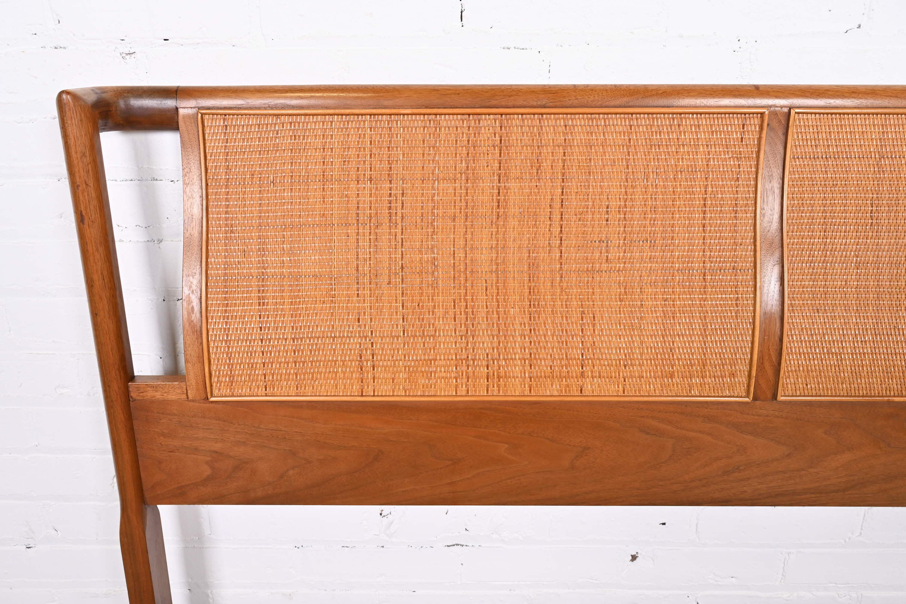 Mid-20th Century Barney Flagg for Drexel Parallel Walnut and Cane Full Size Headboard For Sale