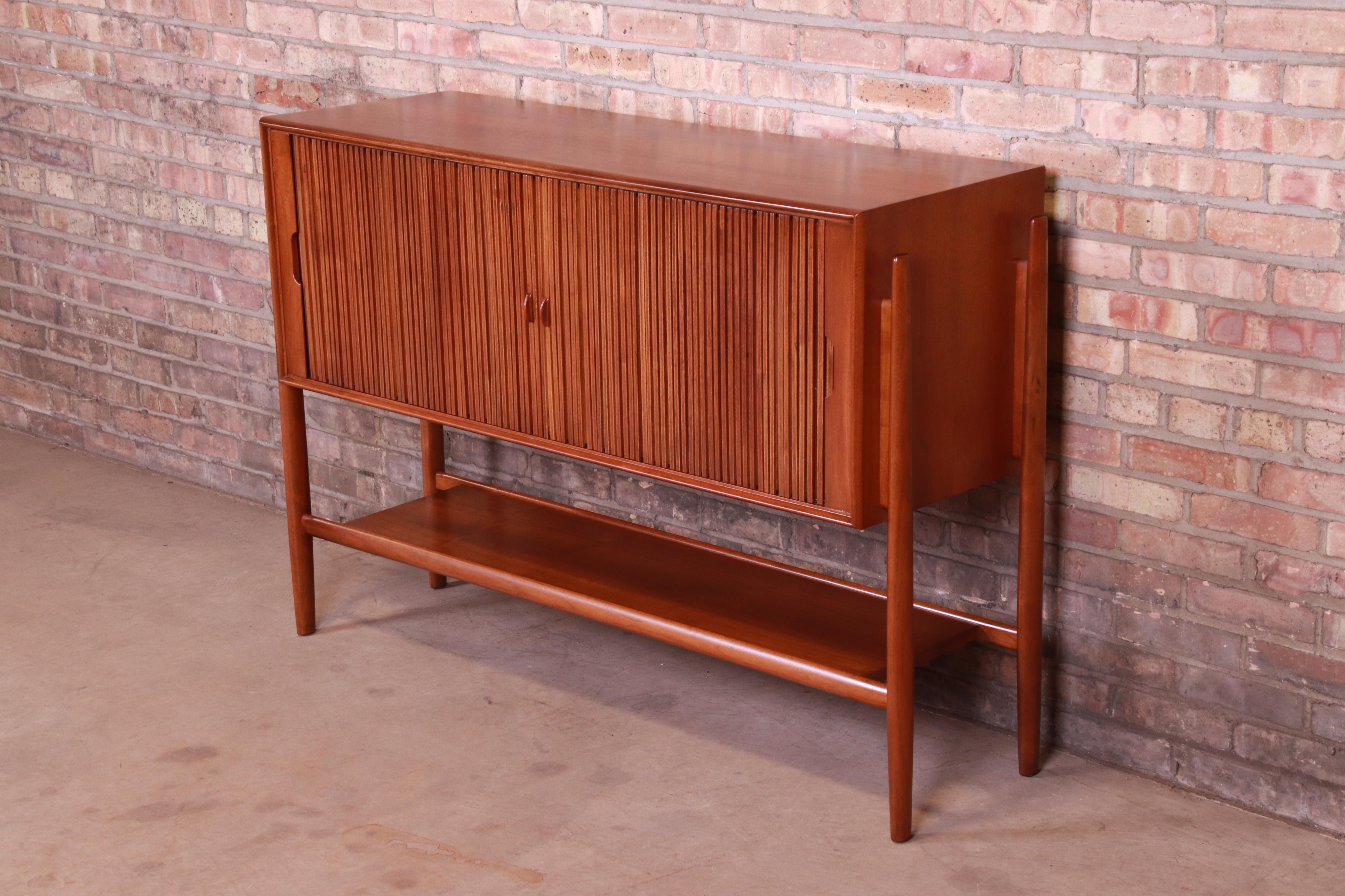 American Barney Flagg for Drexel Parallel Walnut Tambour Door Sideboard, Newly Restored