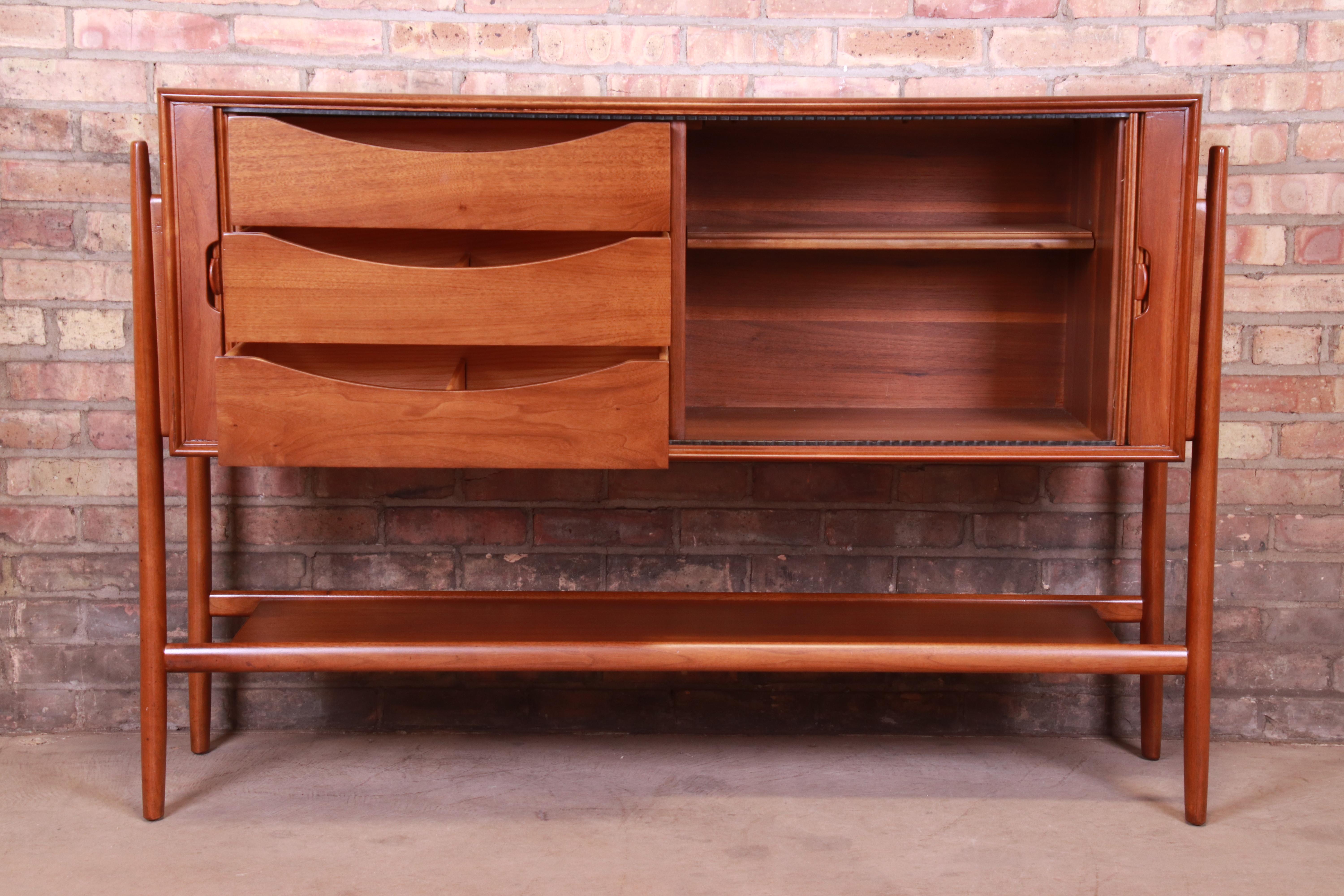 Barney Flagg for Drexel Parallel Walnut Tambour Door Sideboard, Newly Restored In Good Condition In South Bend, IN