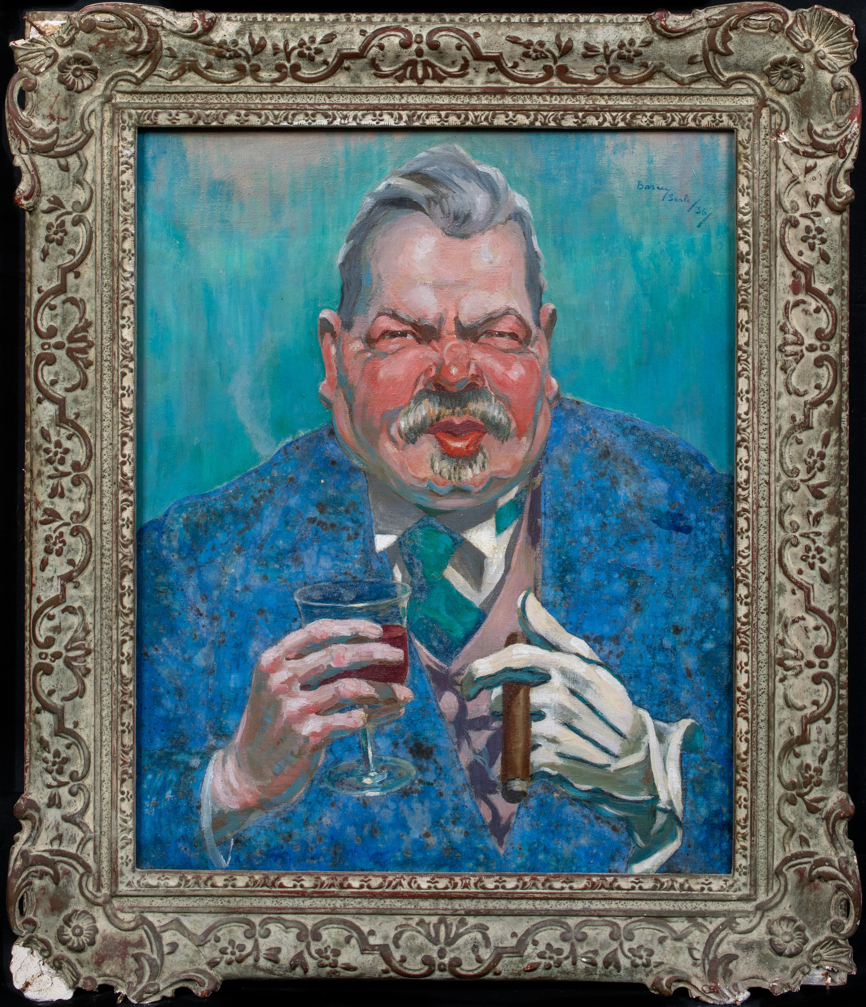 Portrait Painting di Barney Seale ARBS - Ritratto di John Gilbert Seale, il padre dell'artista, con sherry e sigaro