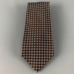 BARNEYS NEW YORK Brown White Light Blue Abstract Floral Silk Tie