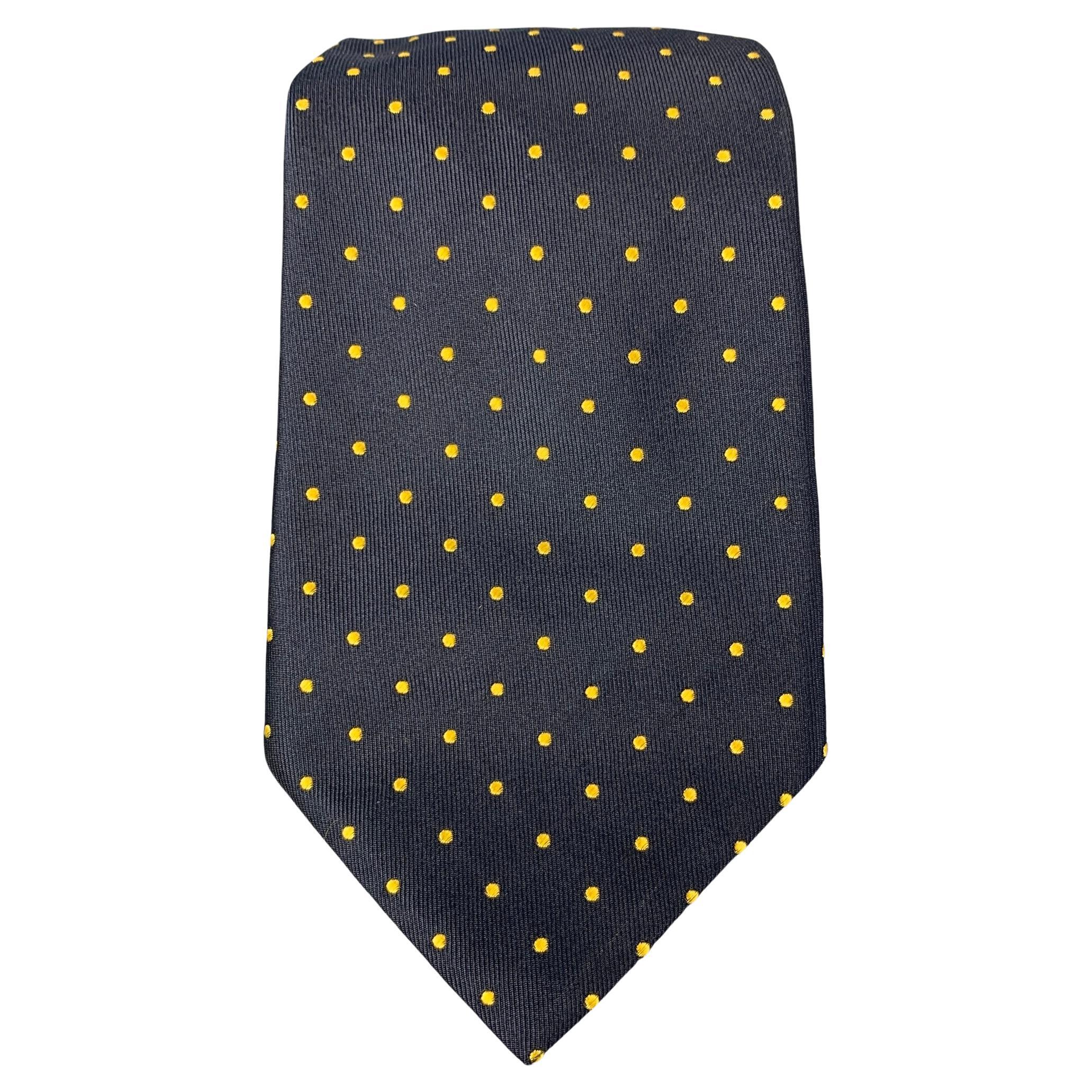 BARNEY'S NEW YORK Navy Yellow Polka Dot Silk Twill Tie