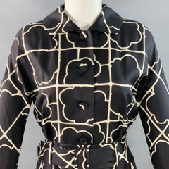 BARNEY'S NEW YORK Taglia 4 Abito camicia in twill di seta blu navy e bianco con motivo geometrico e cintura