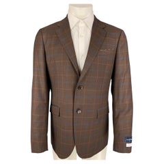BARNEY'S NEW YORK Size 40 Brown Navy Plaid Wool Silk Sport Coat
