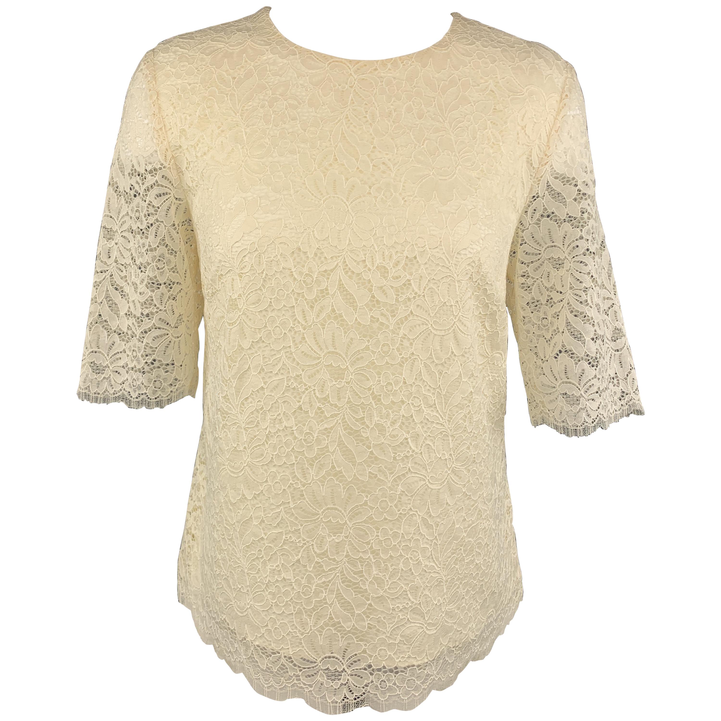 BARNEY'S NEW YORK Size 6 Cream Lace Short Sleeve Blouse For Sale at ...