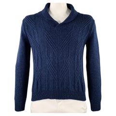 BARNEY'S NEW YORK Size XL Navy Cable Knit Cashmere Shawl Collar Sweater