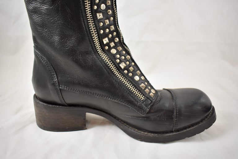 Barneys New York Studded Black Leather Triple Zippered Lug Sole Biker Boots For Sale At 1stdibs