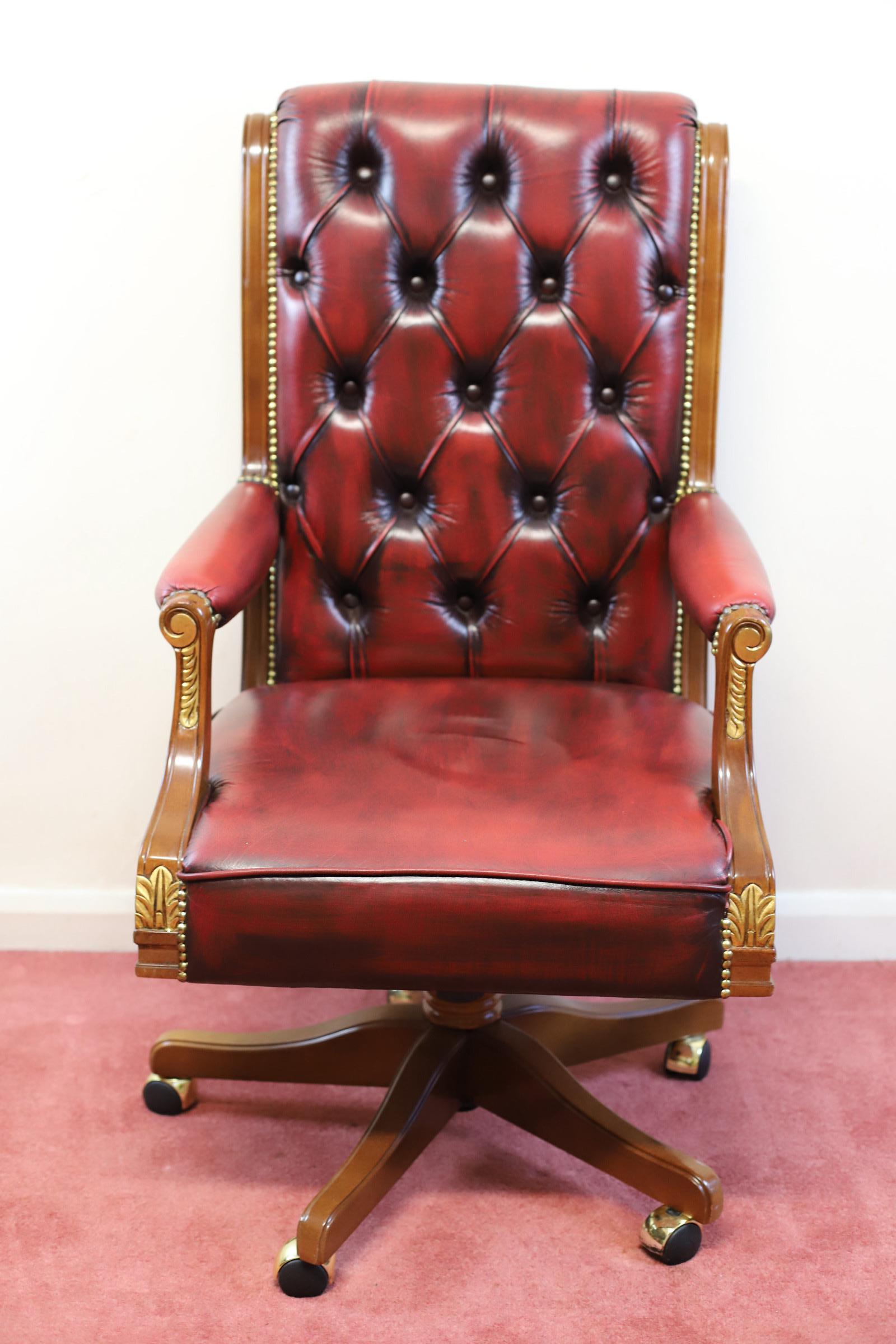 We delight to offer for sale this lovely Barnini Oseo - 'Reggenza' swivel office chair, scrolled high back, upholstered in buttoned oxblood leather with gilt studwork, arm terminals decorated with gilt foliate mounts, on castors.
118cm H, 63cm W, 60