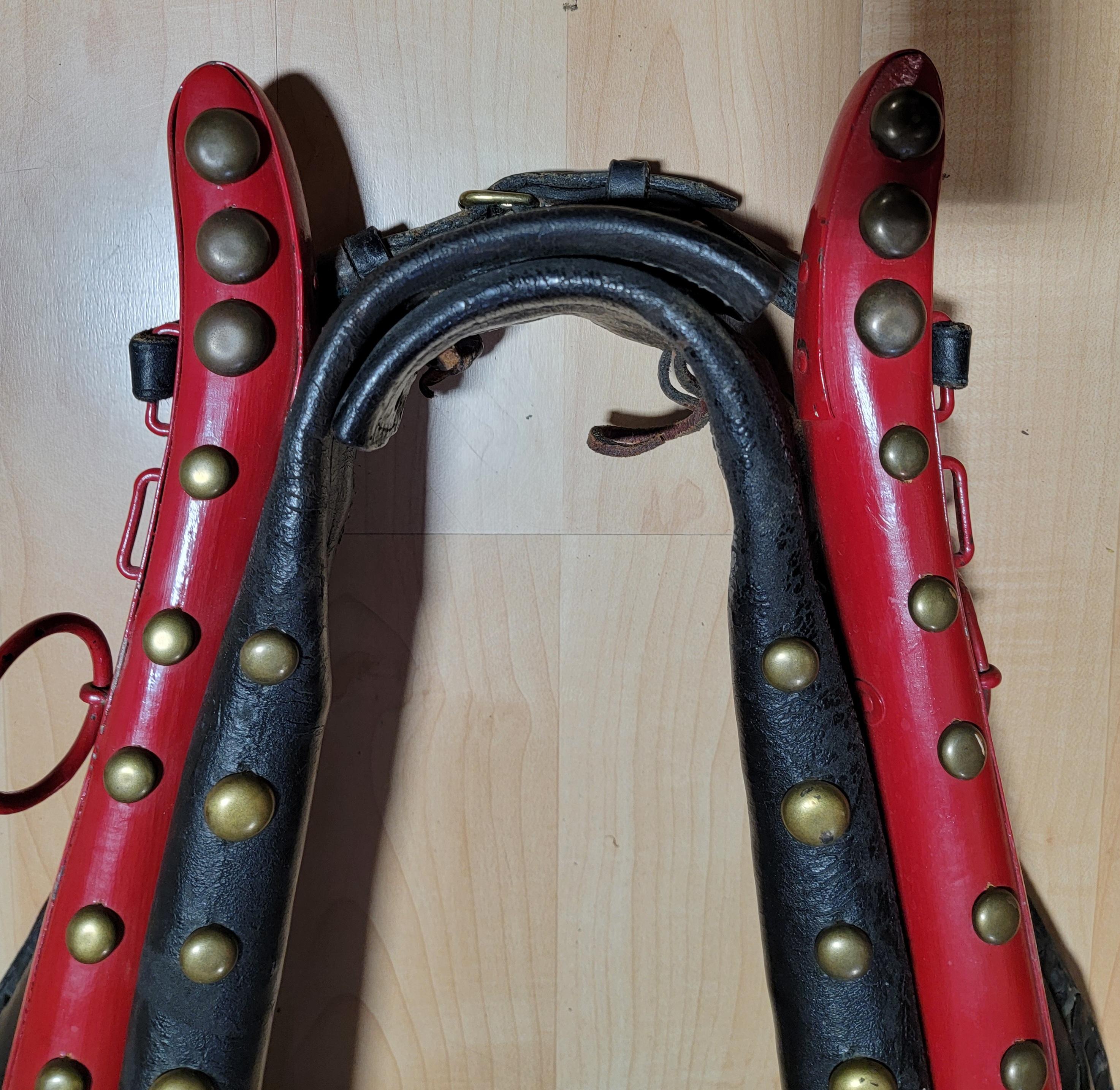 Vintage and historical leather and painted wood horse collar from Barnum & Bailey Circus. Embossed in leather 