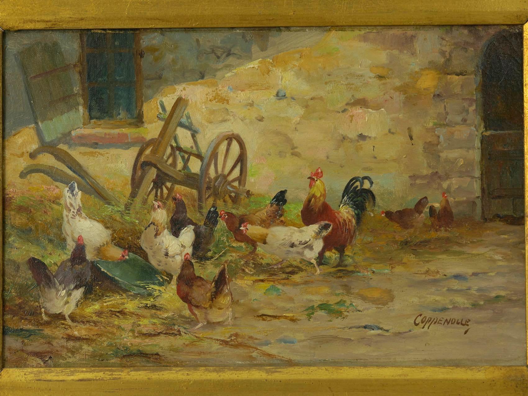 A bright and vivid farmyard scene by Jacques van Coppenolle, it is a good example of his barnyard oeuvre with early traces of French impressionism in his handling of the scene coupled with a bold and cheery palette. A group of hens are gathered