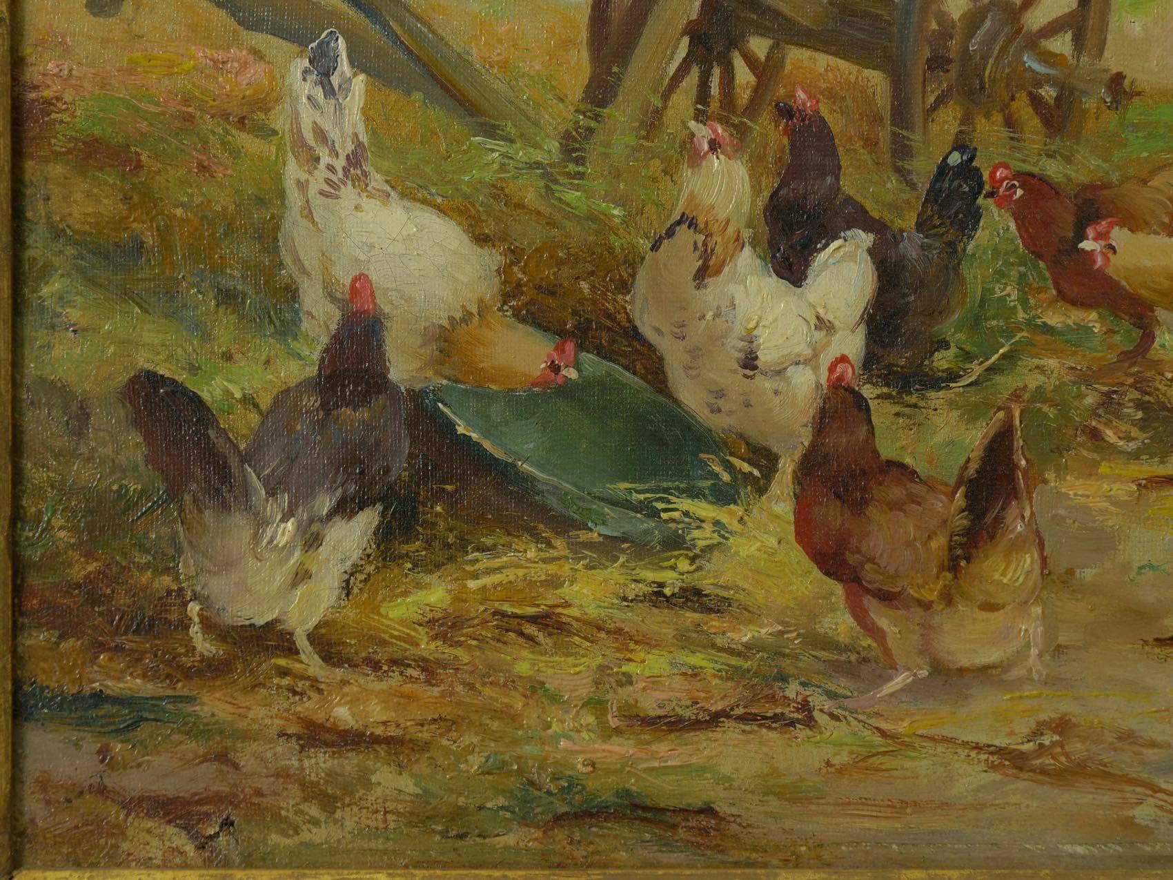 Barnyard Chickens Painting by Jacques van Coppenolle In Good Condition In Shippensburg, PA