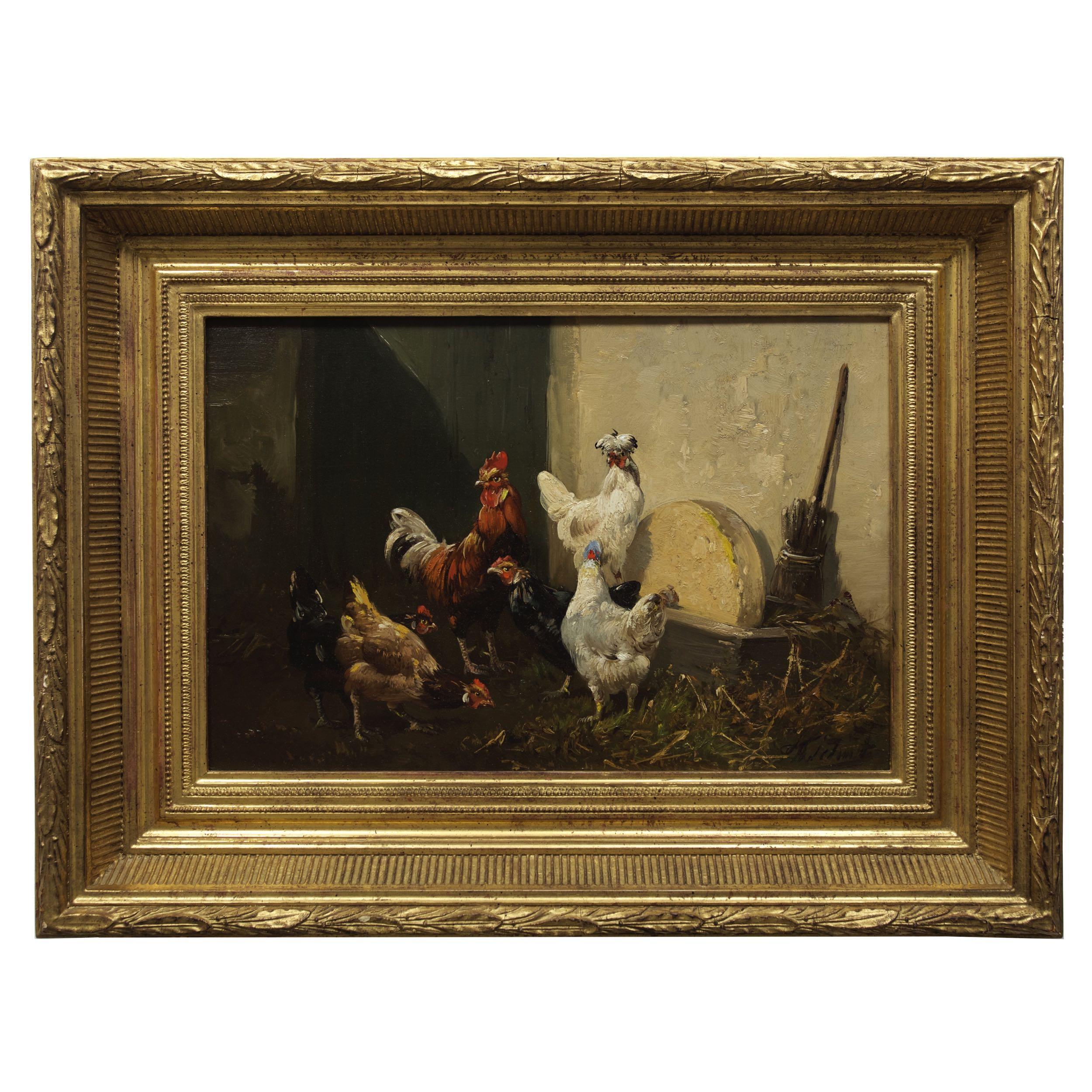 A delightful French School painting of some roosters and hens in a barnyard, it is a well executed scene typical of the last quarter of the nineteenth century. The work is signed lower right corner in slanted script 