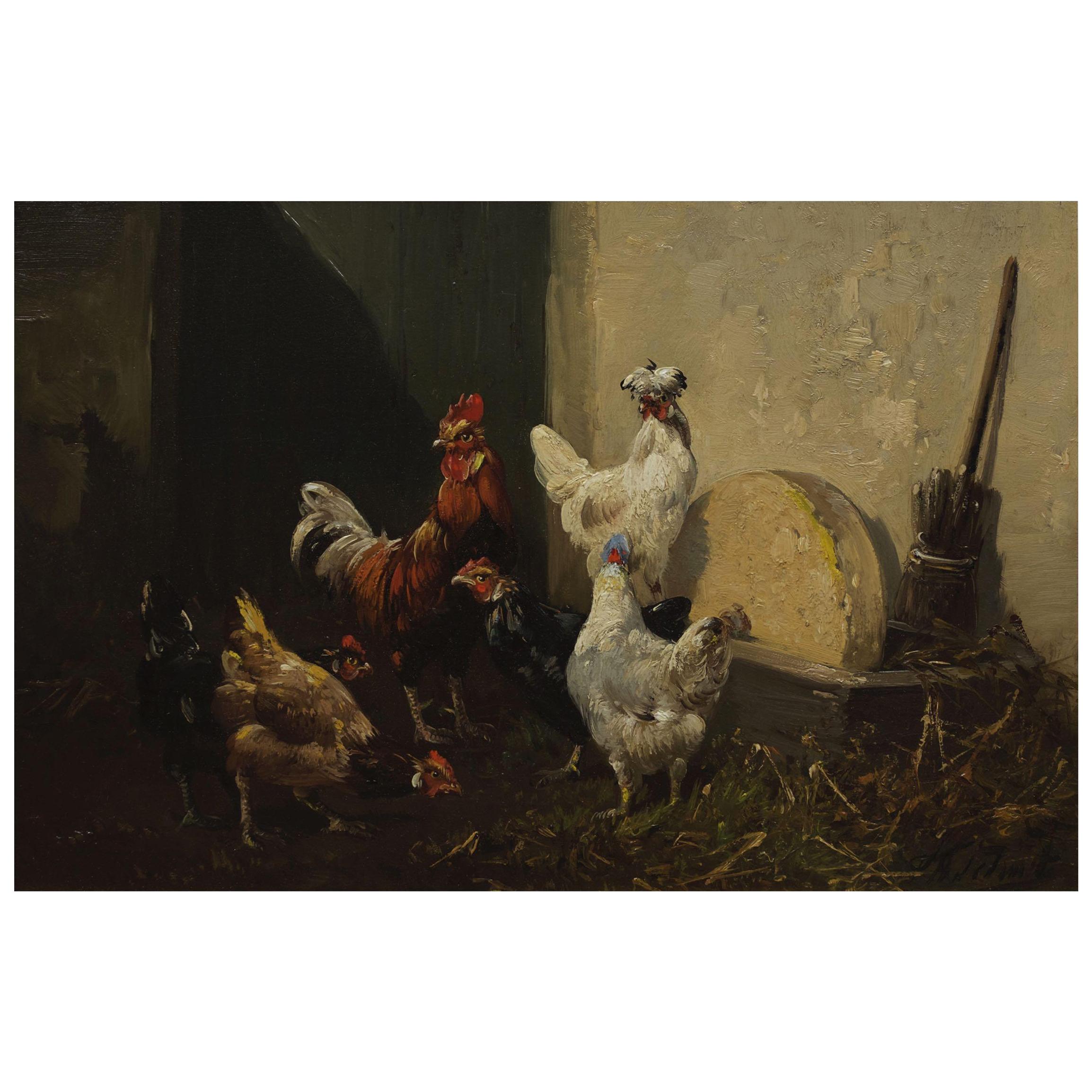 French Barbizon School Antique Painting "Barnyard Roosters and Hens", 19th C