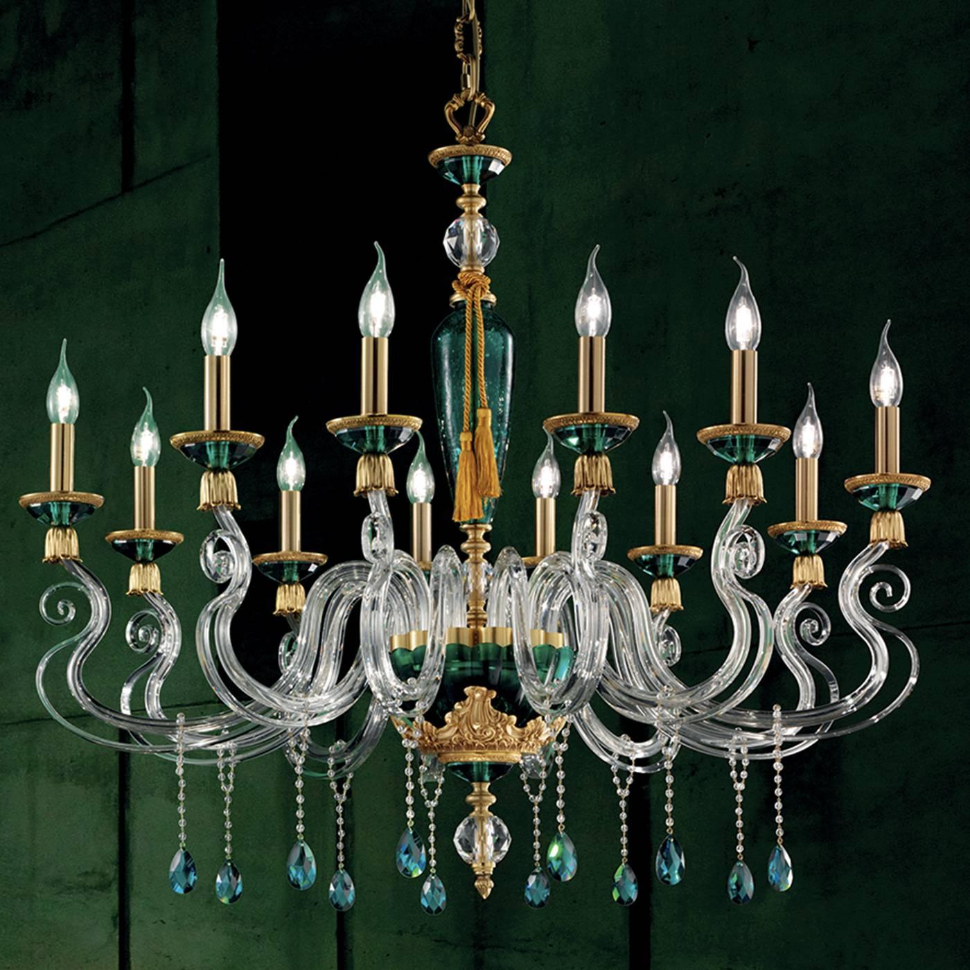 This captivating glass chandelier is inspired by the highly ornate Baroque style. This design has a central body with a green cylindrical element embellished with a golden rope and a gold-trimmed green base from which 12 clear, glass arms extend