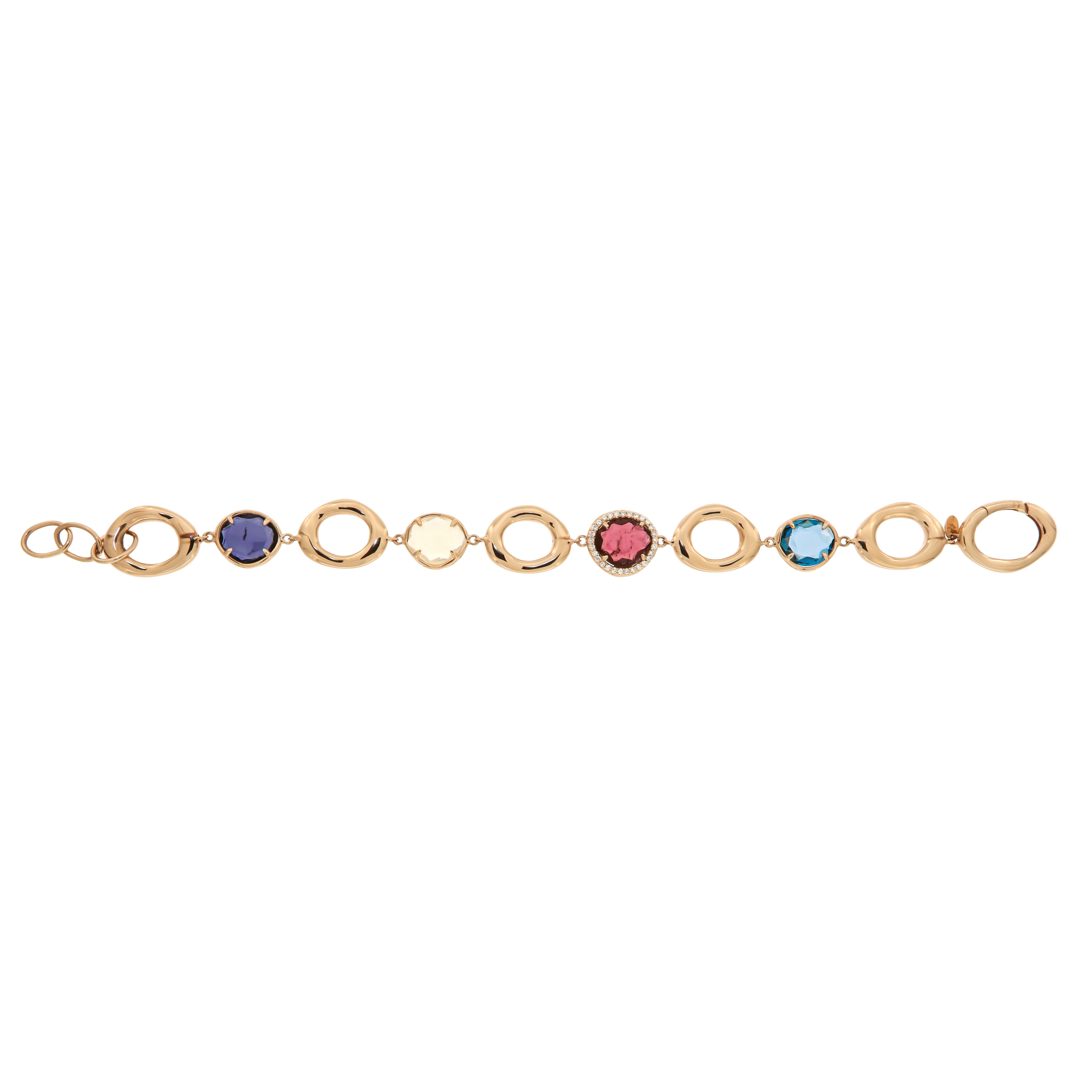 Rosa Turmalin 18 Karat Diamant Blau Topas Opal Roségold Armband für Sie (Antiker Kissenschliff) im Angebot