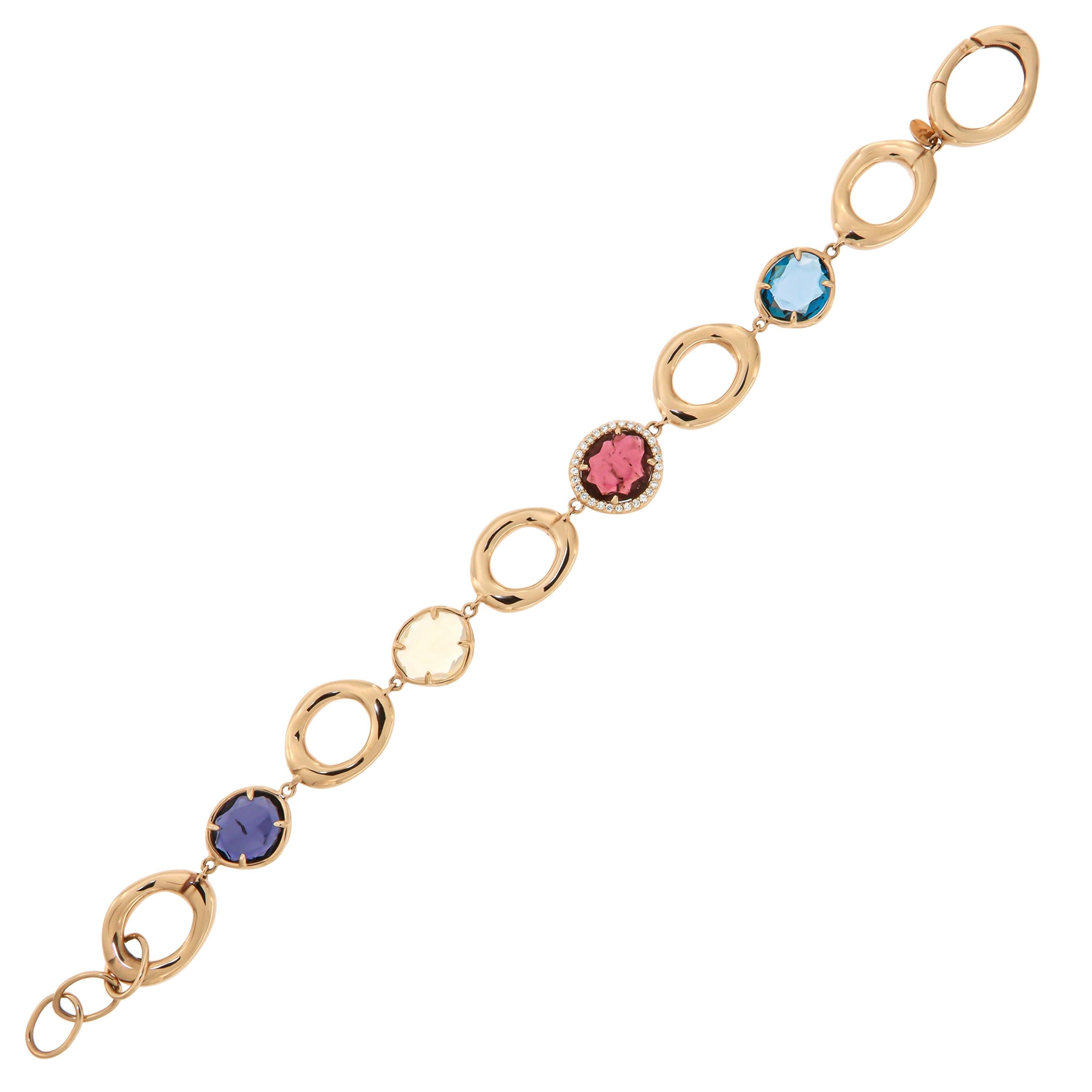 Bracelet baroque en or rose 18 carats avec tourmaline rose, diamants, topaze bleue et opale, pour elle