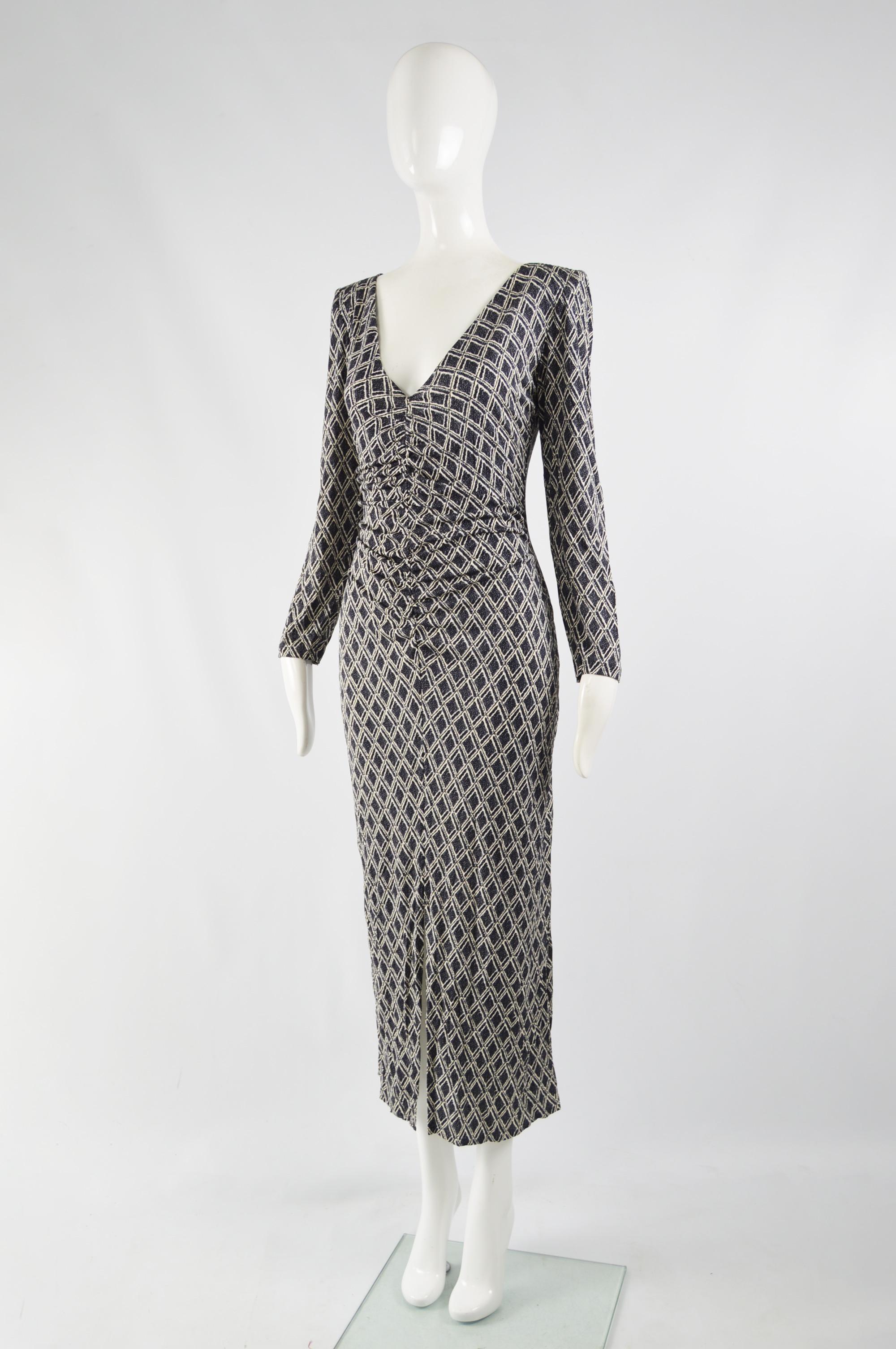 Women's Barocco Roma Vintage Long Sleeve Plunge Neck Jersey Evening Dress, 1970s For Sale