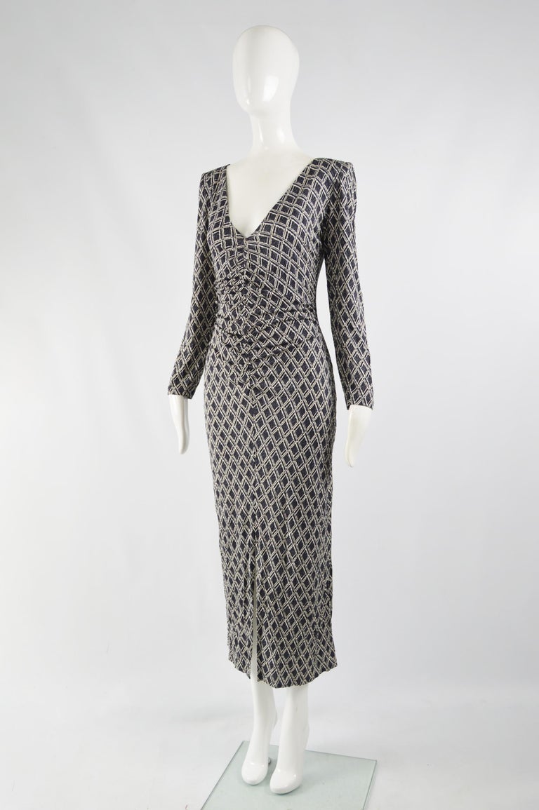 Barocco Roma Vintage Long Sleeve Plunge Neck Jersey Evening Dress, 1970s  For Sale at 1stDibs