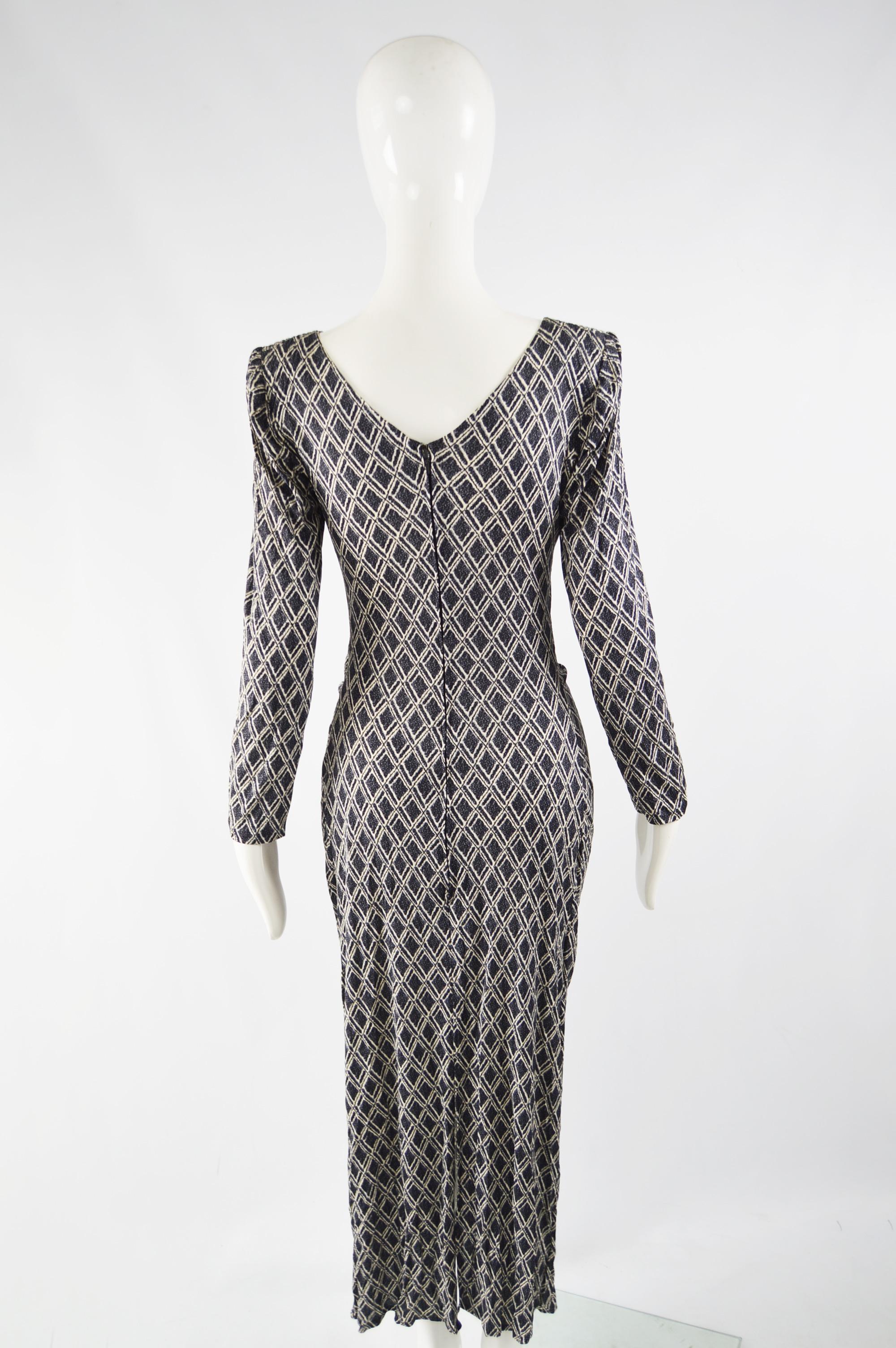 Barocco Roma Vintage Long Sleeve Plunge Neck Jersey Evening Dress, 1970s 2