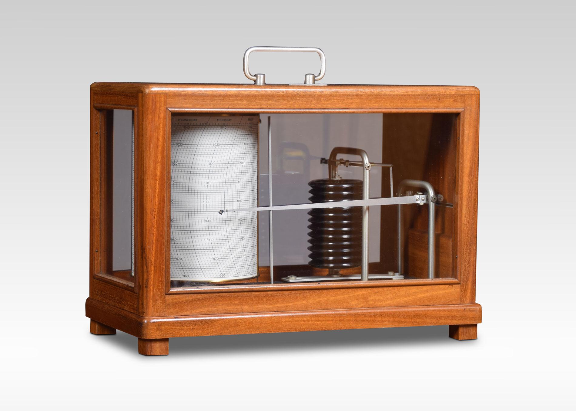 Mahogany framed barograph by R Fuess, Berlin. The mechanical eight-day movement is housed in the drum, fitted with a seven-day chart which covers one full rotation of the drum. The ink trace, or barogram, on the recording paper, is a visual record