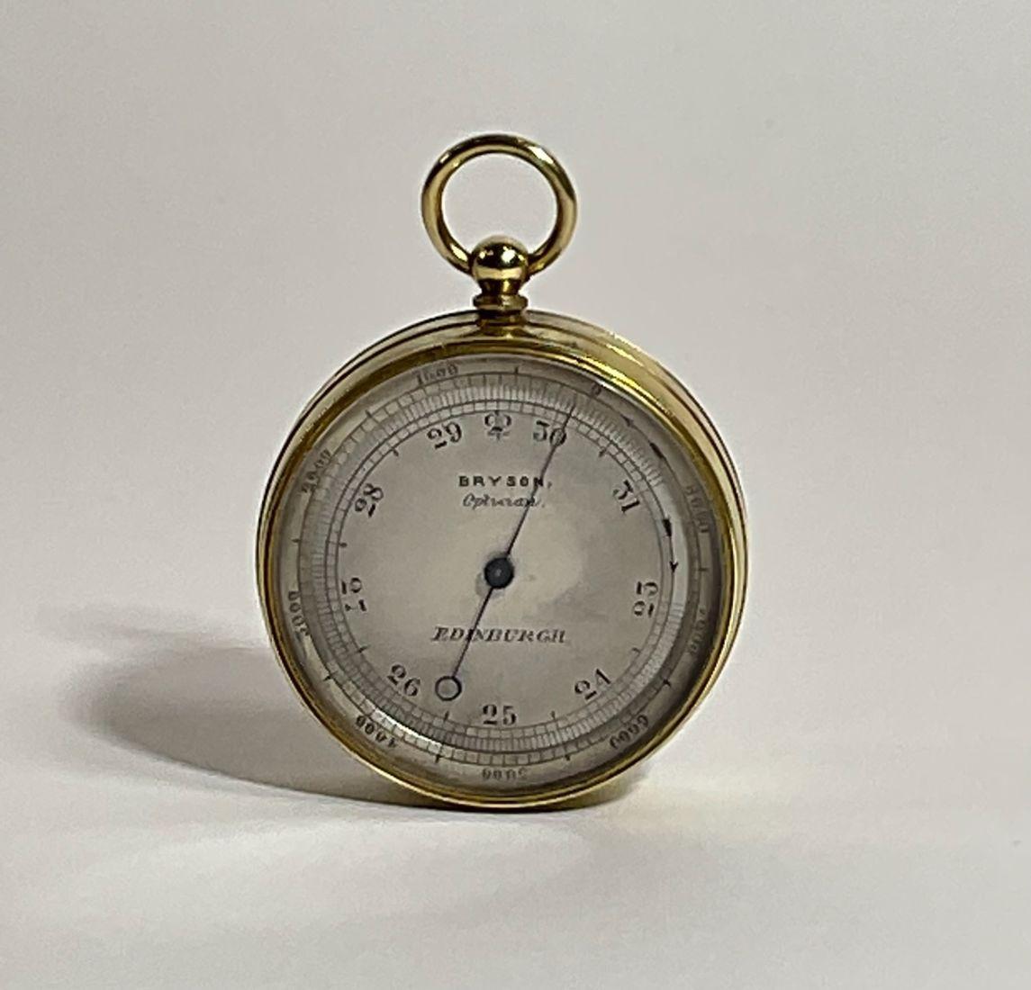 Brass cased nineteenth century barometer by Bryson of Edinburgh. With adjustment keyhole on back of case. Heavy and sturdy instrument.

Dimensions; 1 3/4
