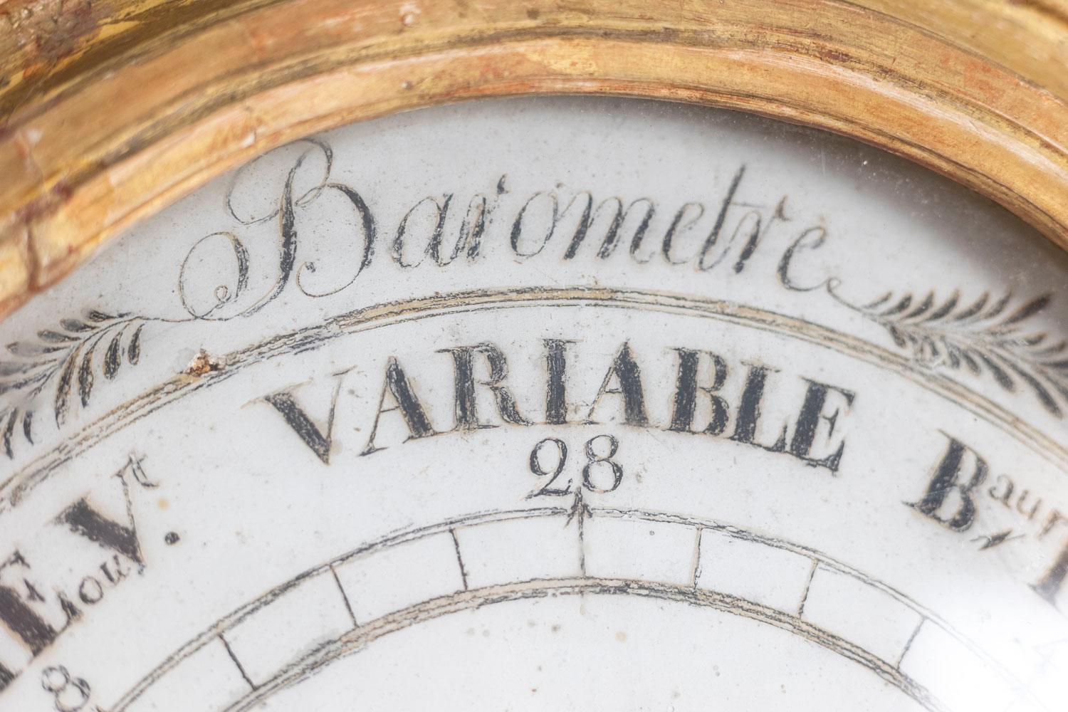 Barometer in gilded wood, Louis XVI period, adorned with ribbons and oval shape.

French work realized in the 18th century.

Dimensions : H 86 x W 51 x D 7 cm.

 