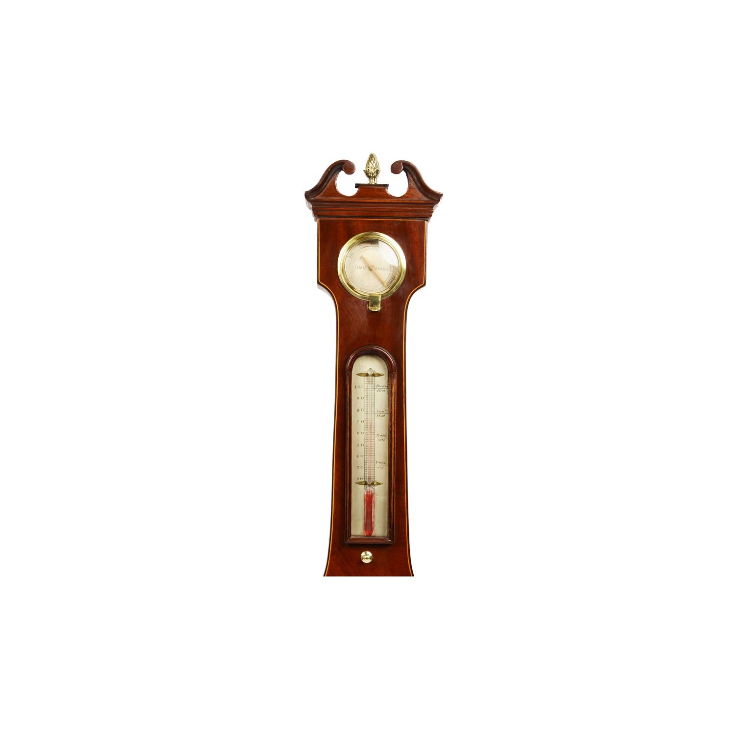 Barometer signed Joseph Solcha Hull Warranted, active between 1851 and 1855, antique measuring instrument made of mahogany wood, with cedar wood thread on the outer edge. Silver-plated brass dial engraved with weather indications. The barometer