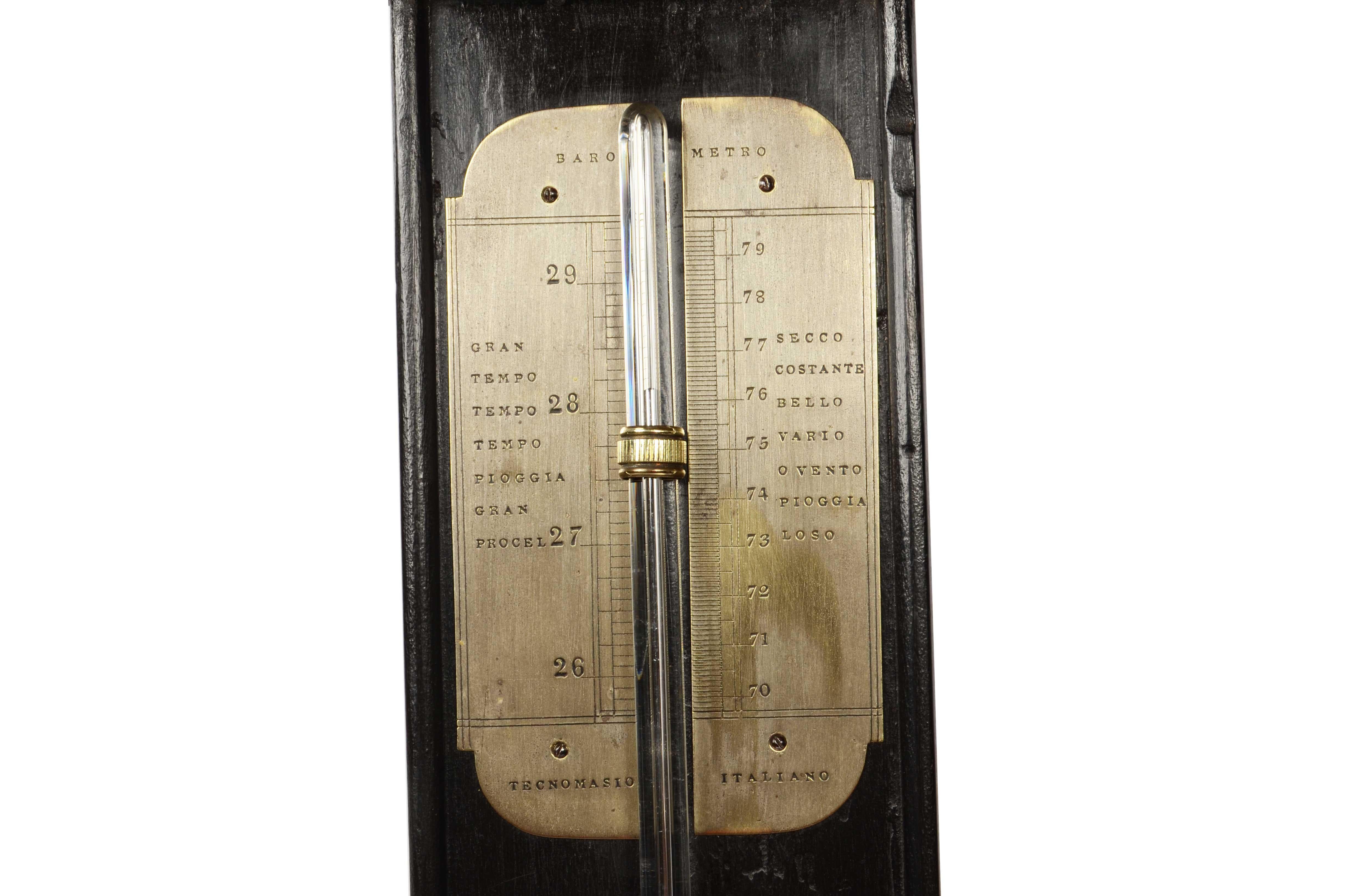 Ebonized wooden stick barometer signed TECNOMASIO ITALIANO , from the second half of the 19th century. 
Complete with reading nonius for atmospheric pressure change and mercury thermometer.
Good condition, fully functional.
Measures 17x5x99.5 cm -