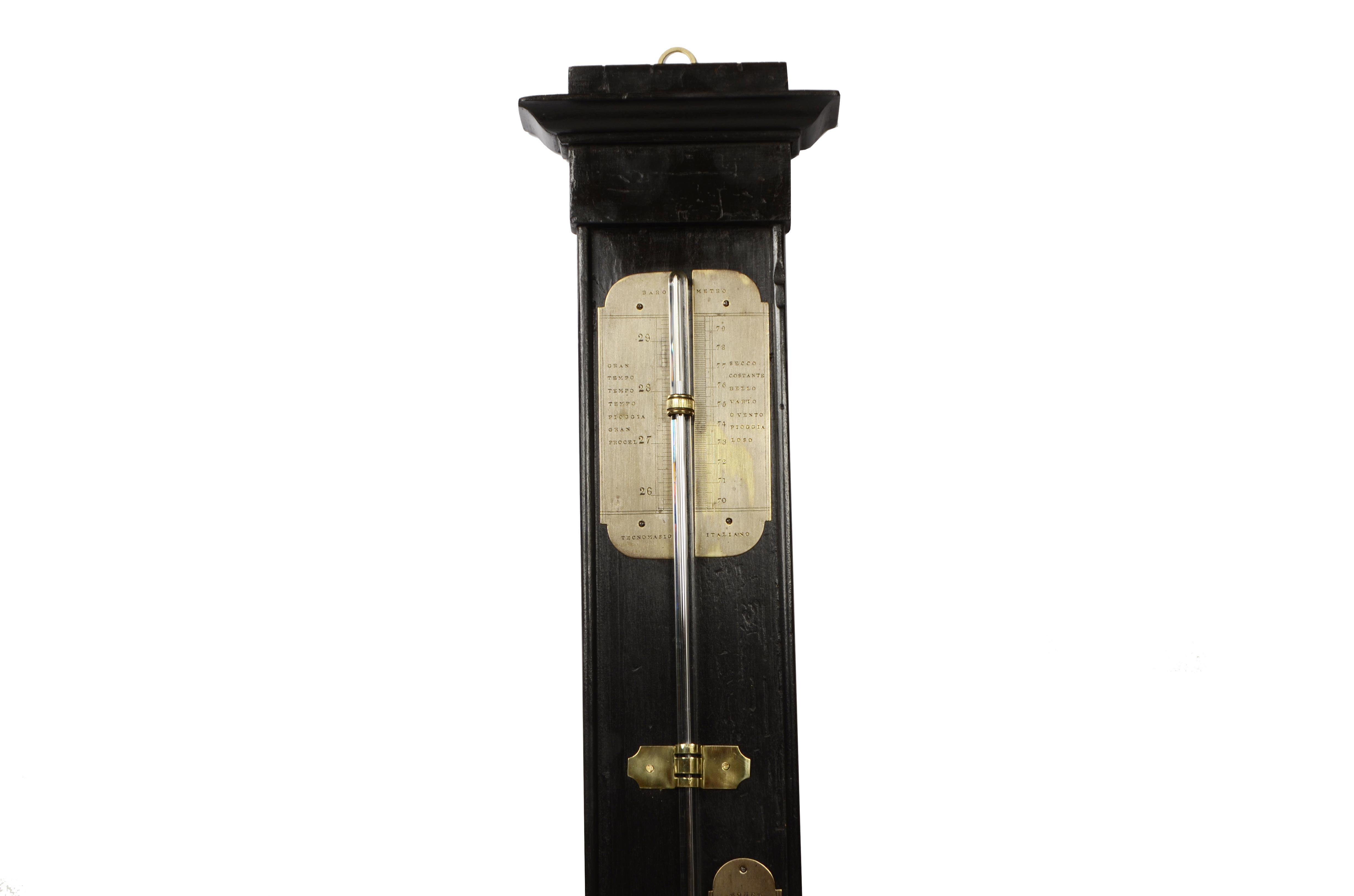 Late 19th Century Ebonized wood stick barometer signed TECNOMASIO ITALIANO circa 1870 For Sale