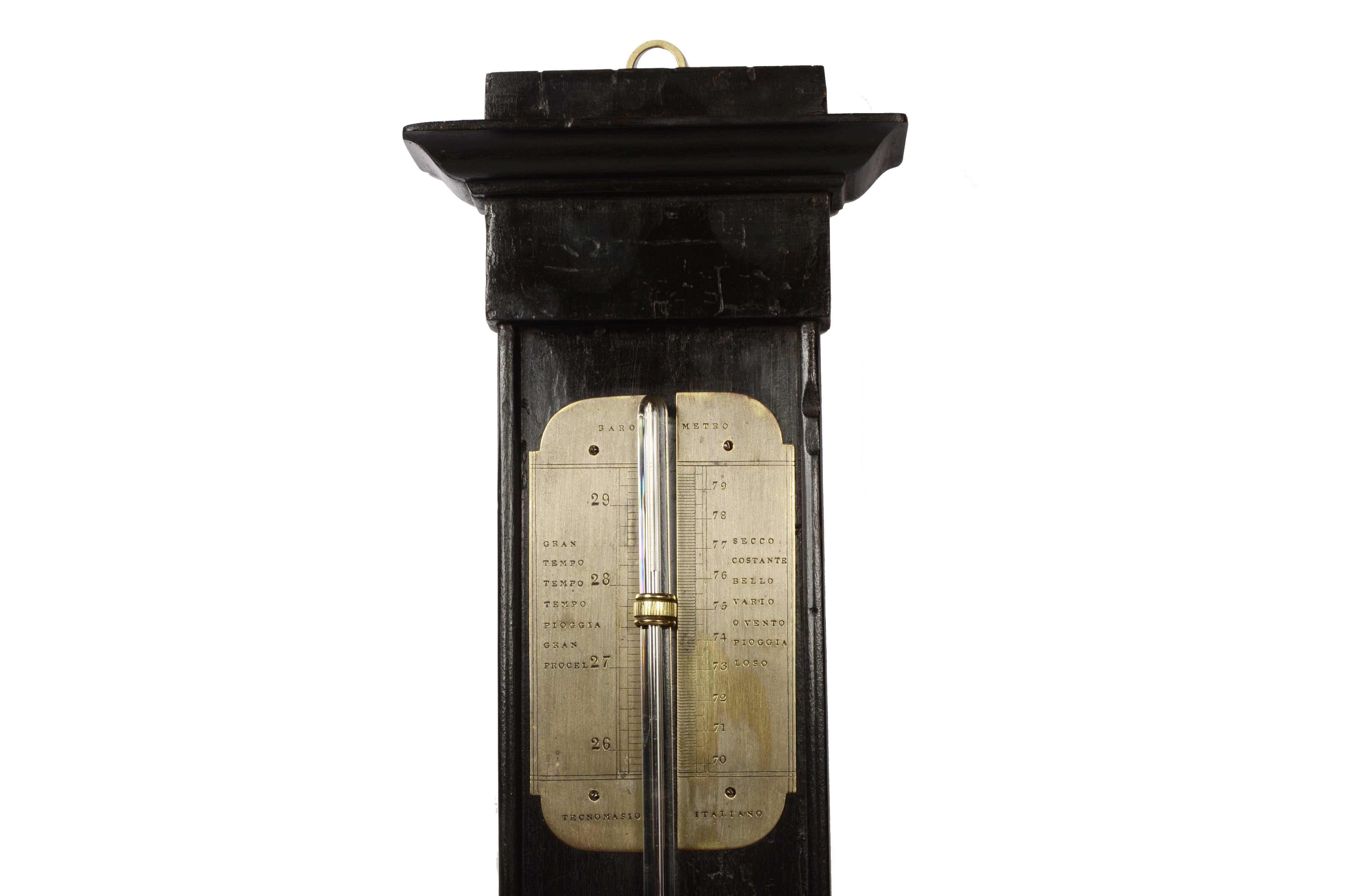 Wood Ebonized wood stick barometer signed TECNOMASIO ITALIANO circa 1870 For Sale