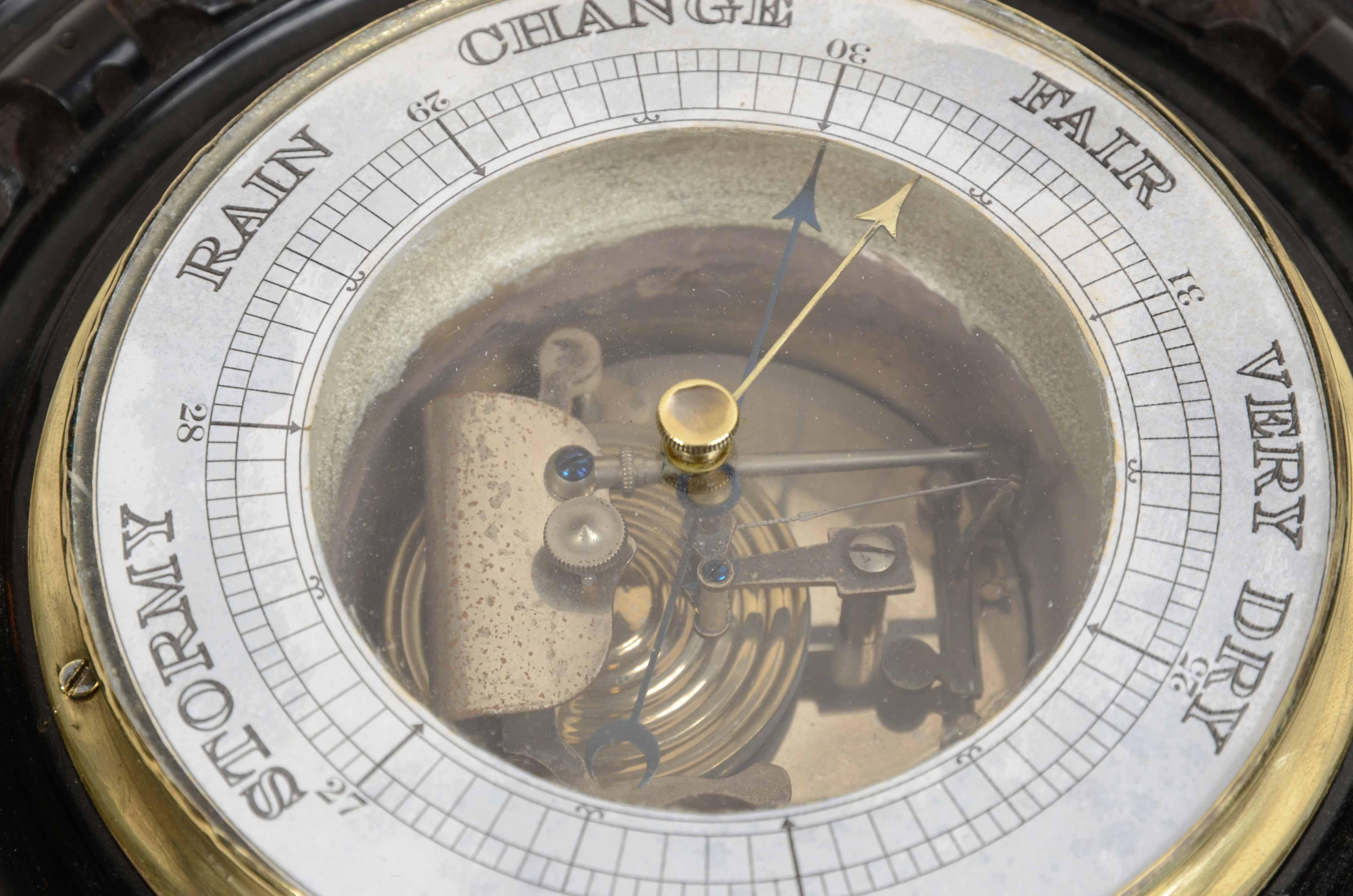 Aneroid wall barometer in carved wood brass and glass late 19th century. For Sale 2