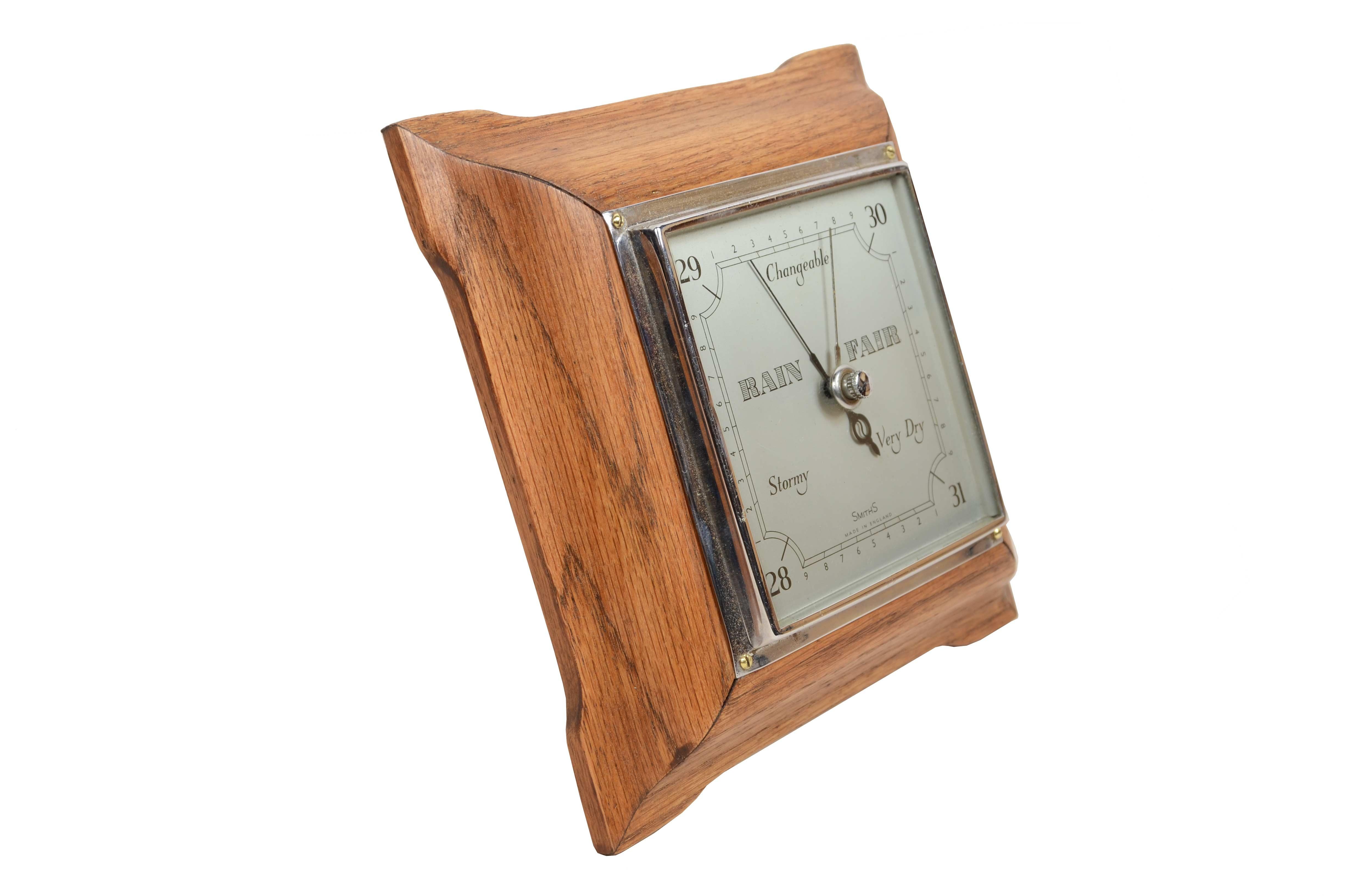 Wood English oak wall-mounted aneroid barometer signed Smiths 1940s  For Sale